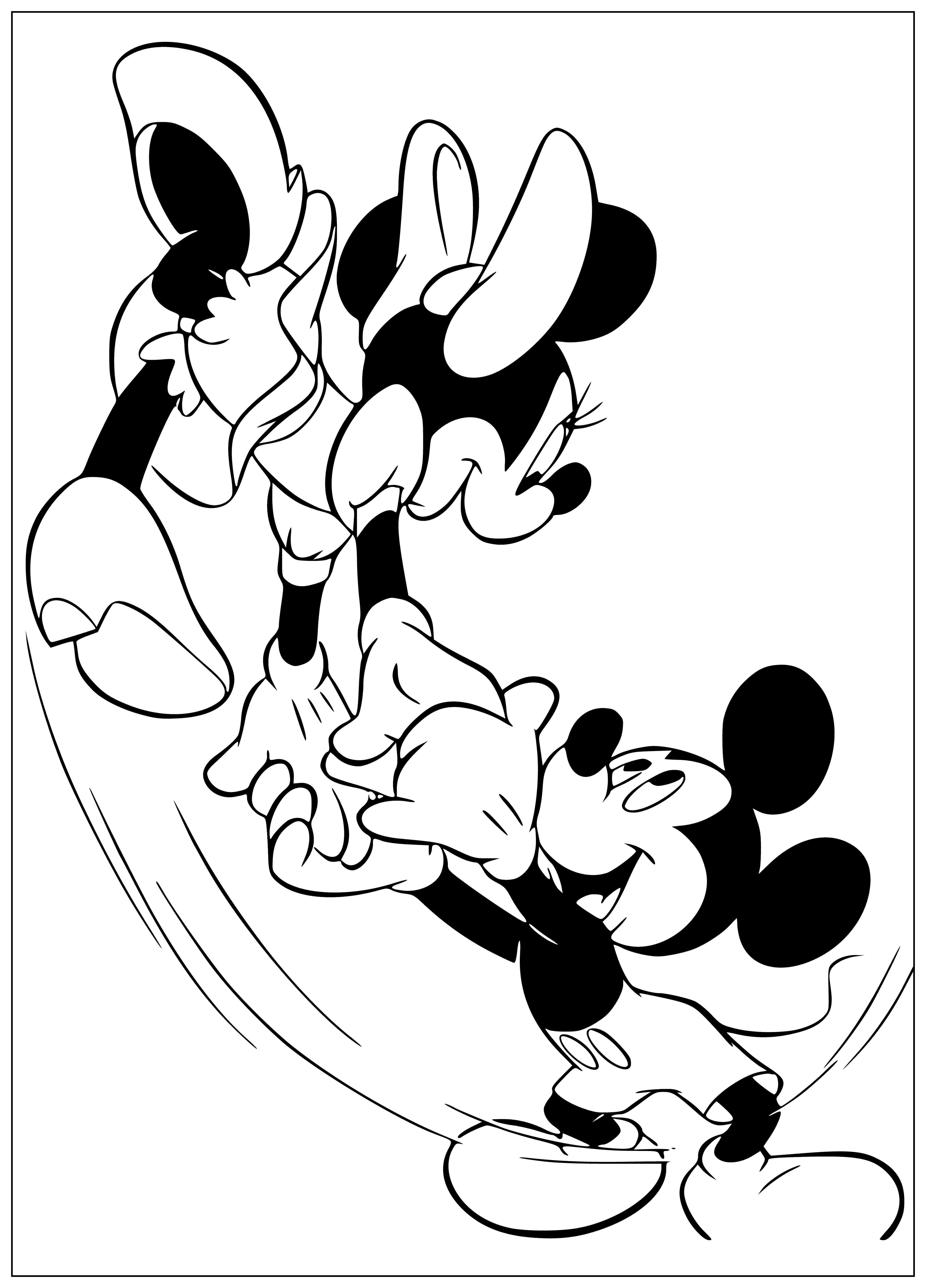 coloring page: Four classic Disney characters—Mickey, Donald, Pluto, & Goofy—are dancing with a group of people in an unknown colored background.