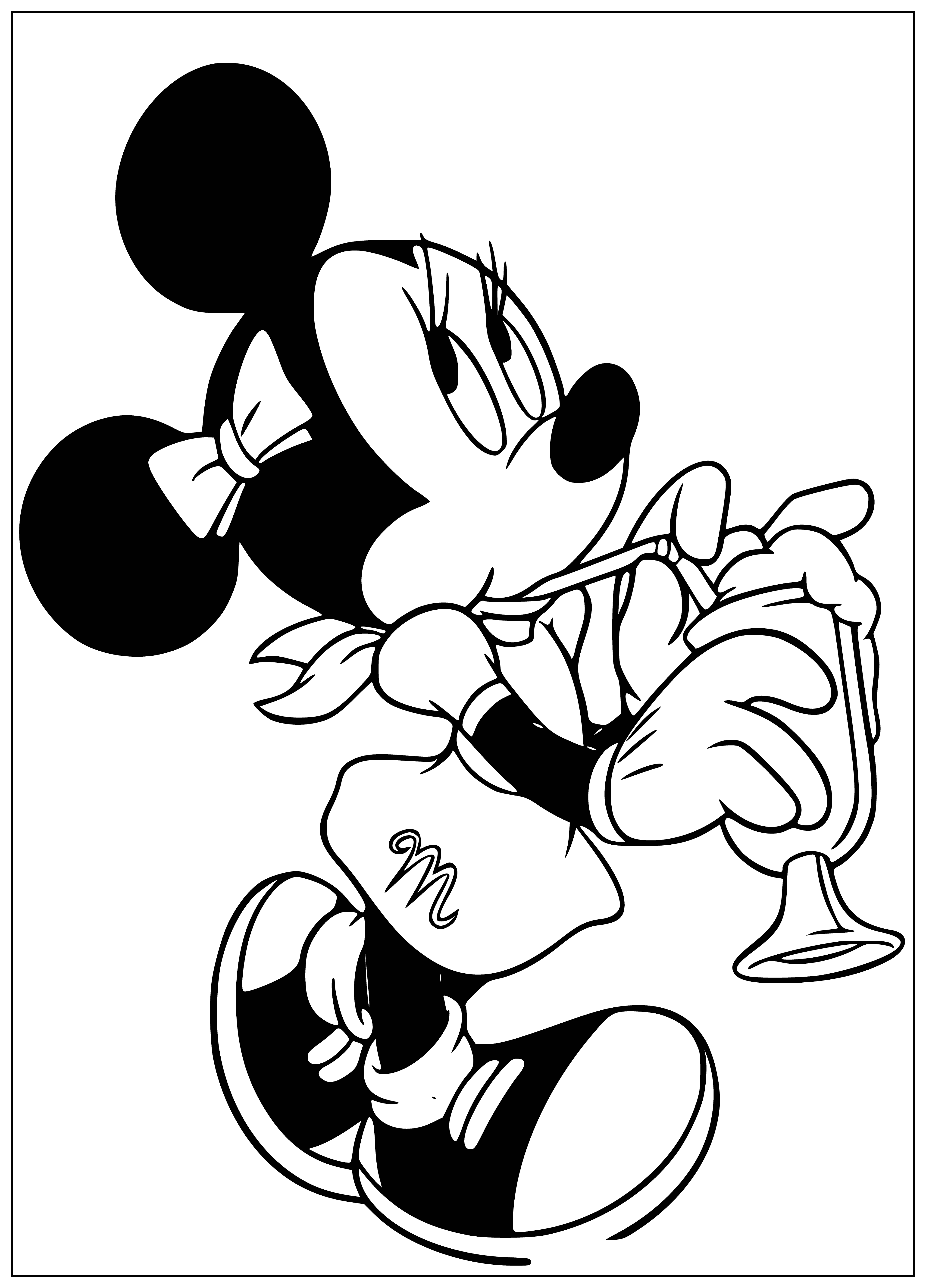 coloring page: Four glasses of colorful cocktails, with three Mickey-themed & one Minnie-themed. Green, red, yellow, & pink drinks in each.