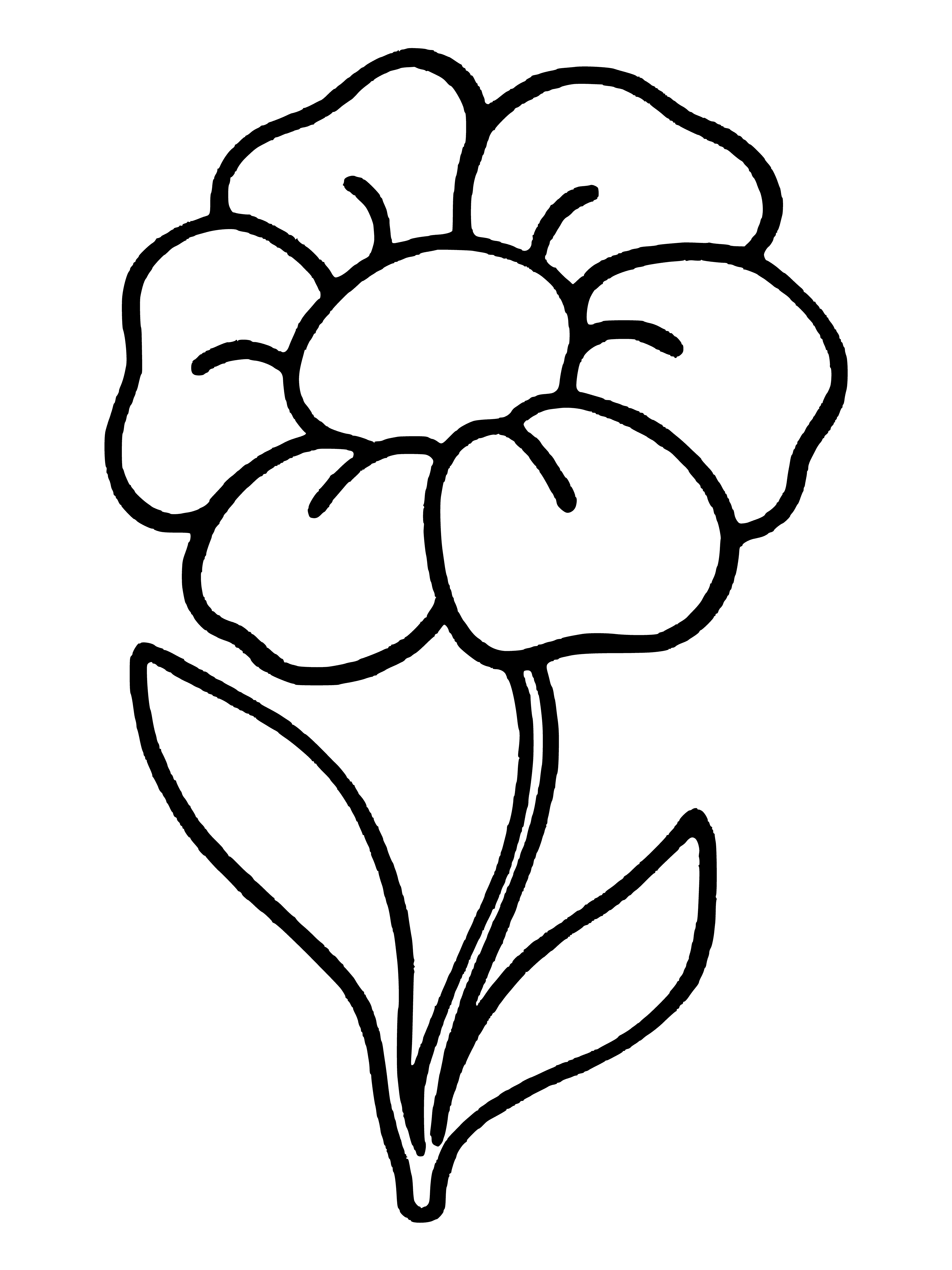 coloring page: A large yellow flower w/six petals in a spiral, pink & yellow center, & two background leaves partially obscured.