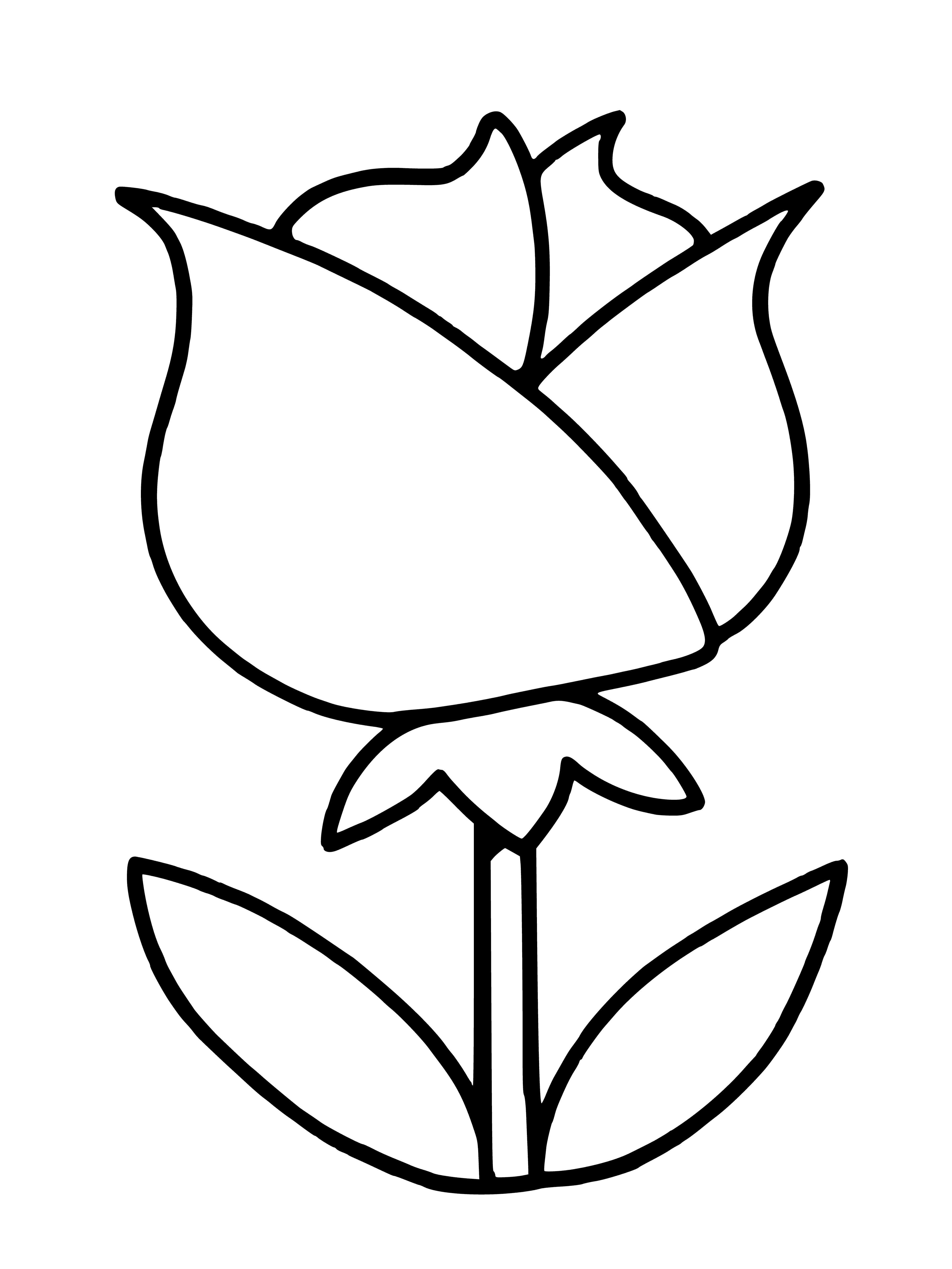coloring page: The rose is a beautiful flower with deep red petals, growing out of a green stem with leaves. #flowers