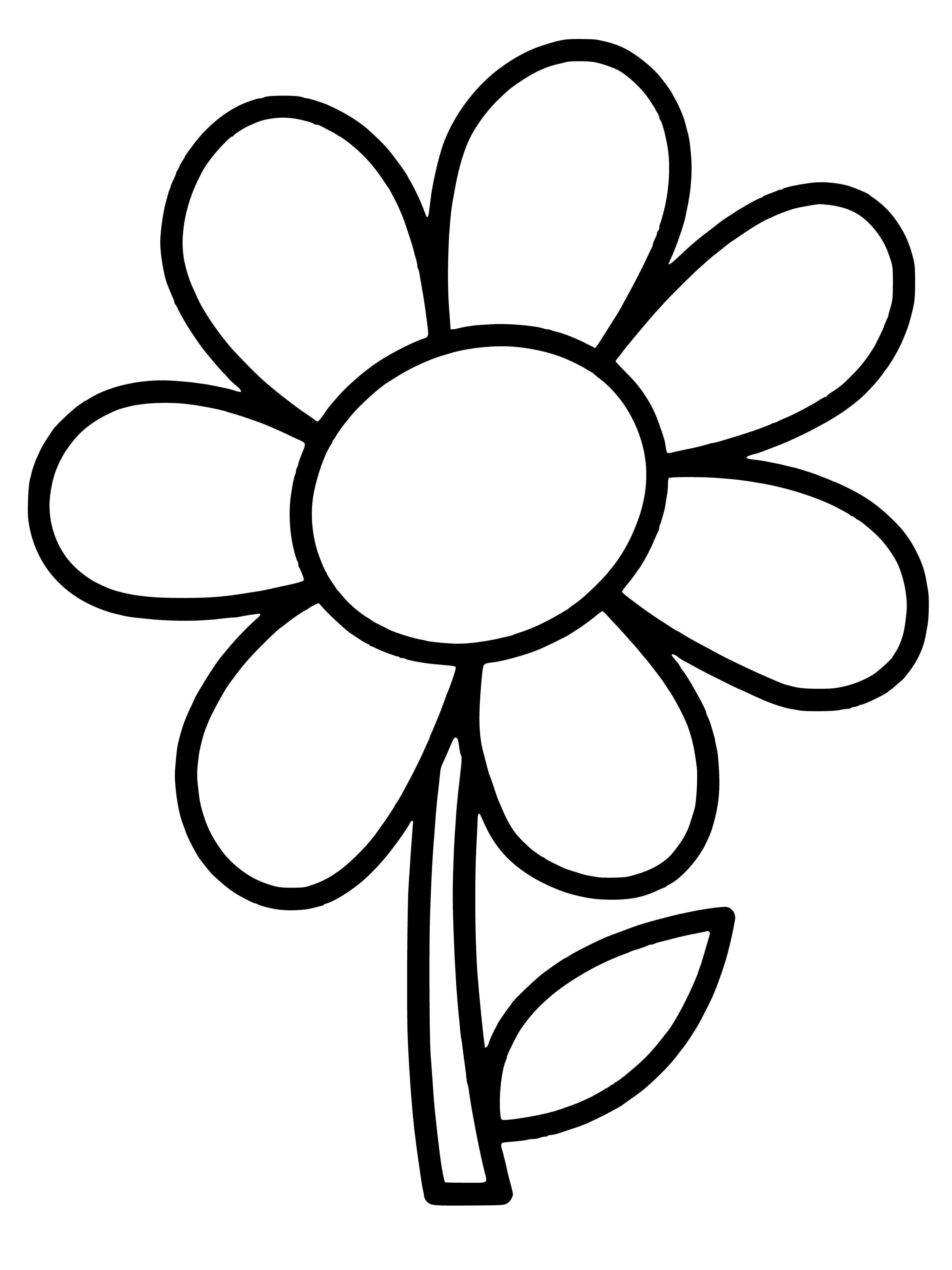 coloring page: Small delicate flower w/ yellow center, white petals, slender stem & feather-like leaves. Overall a fragile, elegant plant.