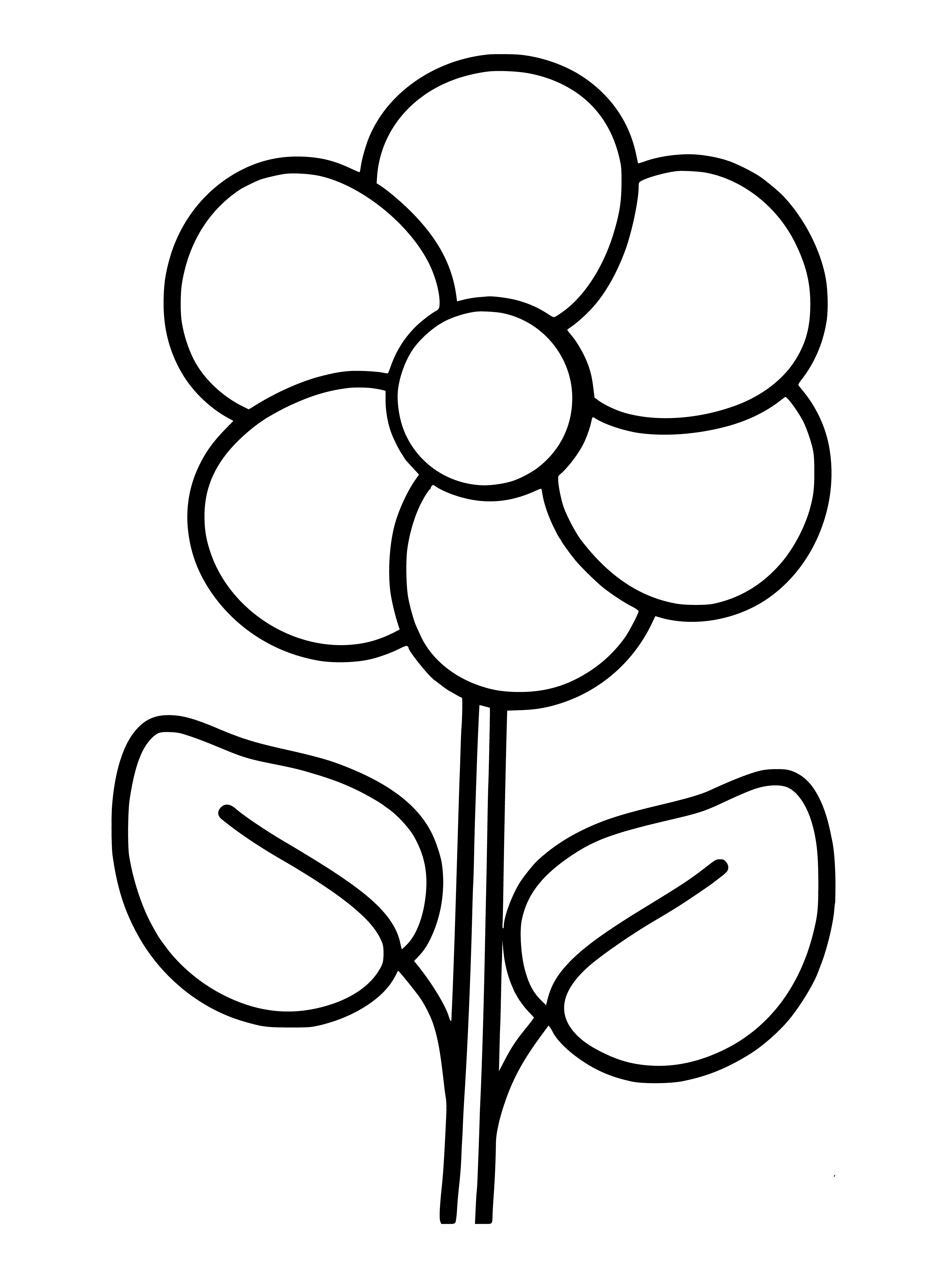 coloring page: A white flower w/ petals curling up, yellow center, &green leaves at the base.