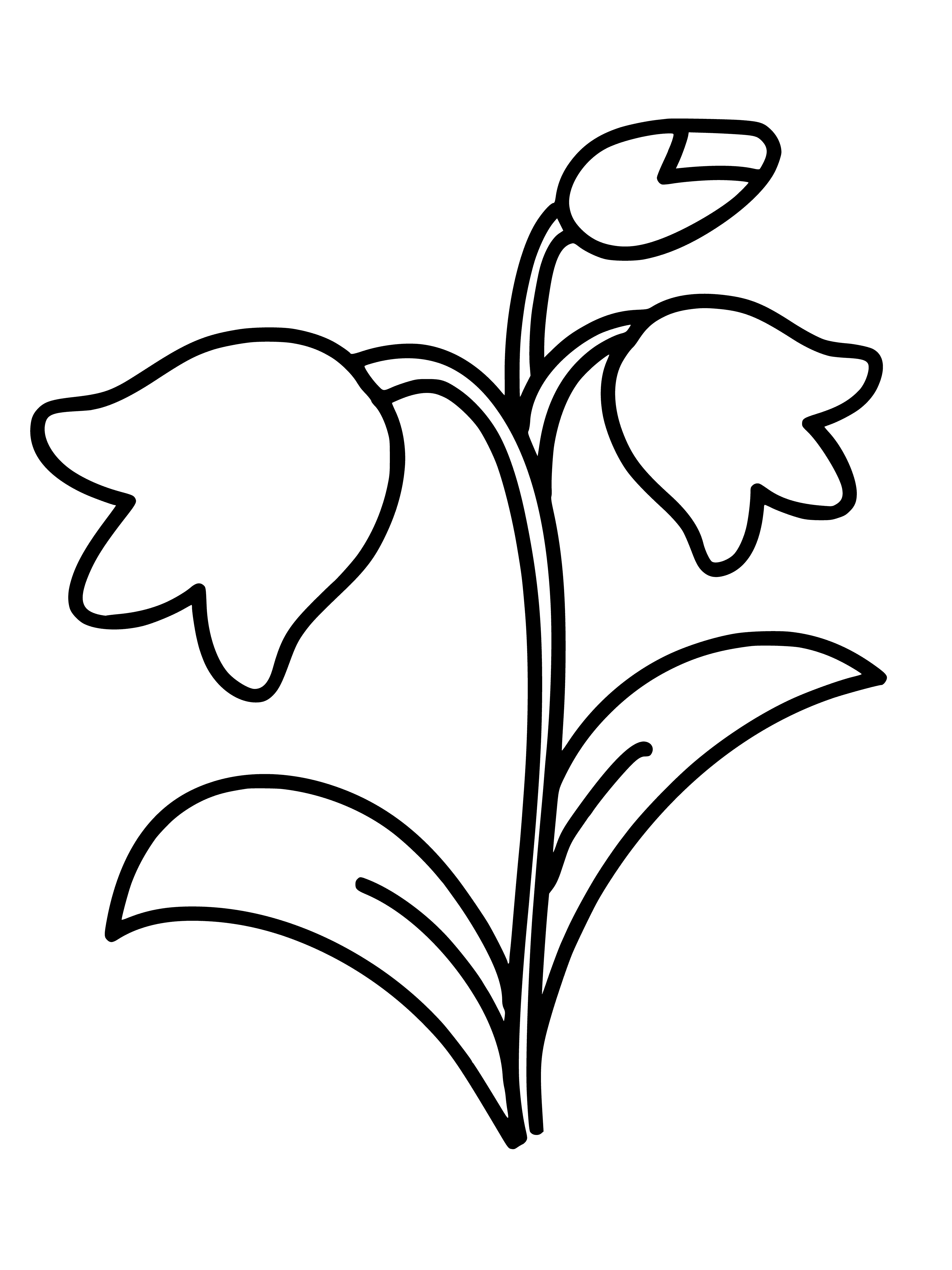 coloring page: Yellow bell-shaped flower w/ green stem & ruffled petals, 3 each side. Center darker yellow, 6 thin green pistils, surrounded by leaves.