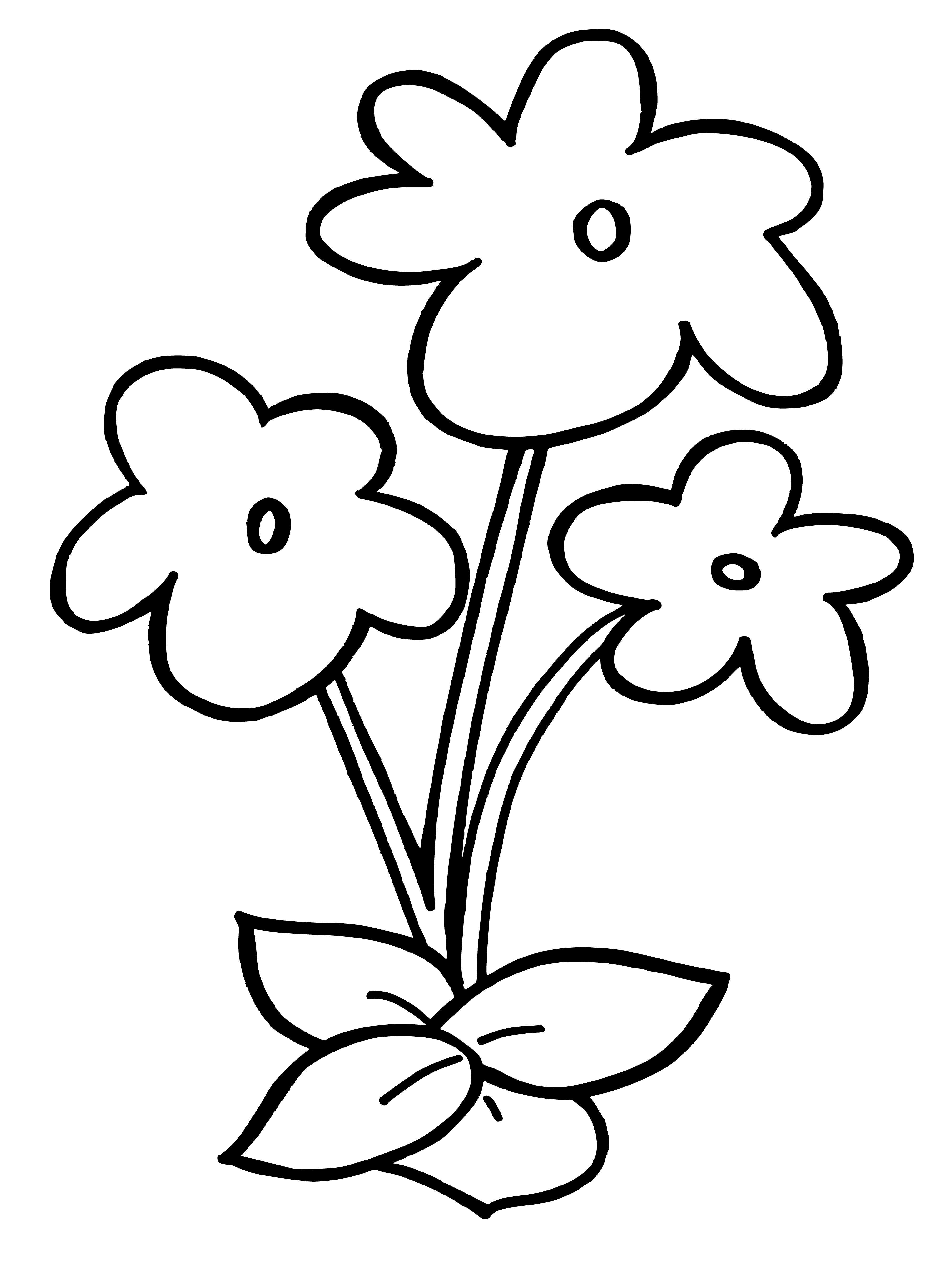coloring page: Flowers blooming in coloring page with petals of various colors, stems, leaves and some with pollen.