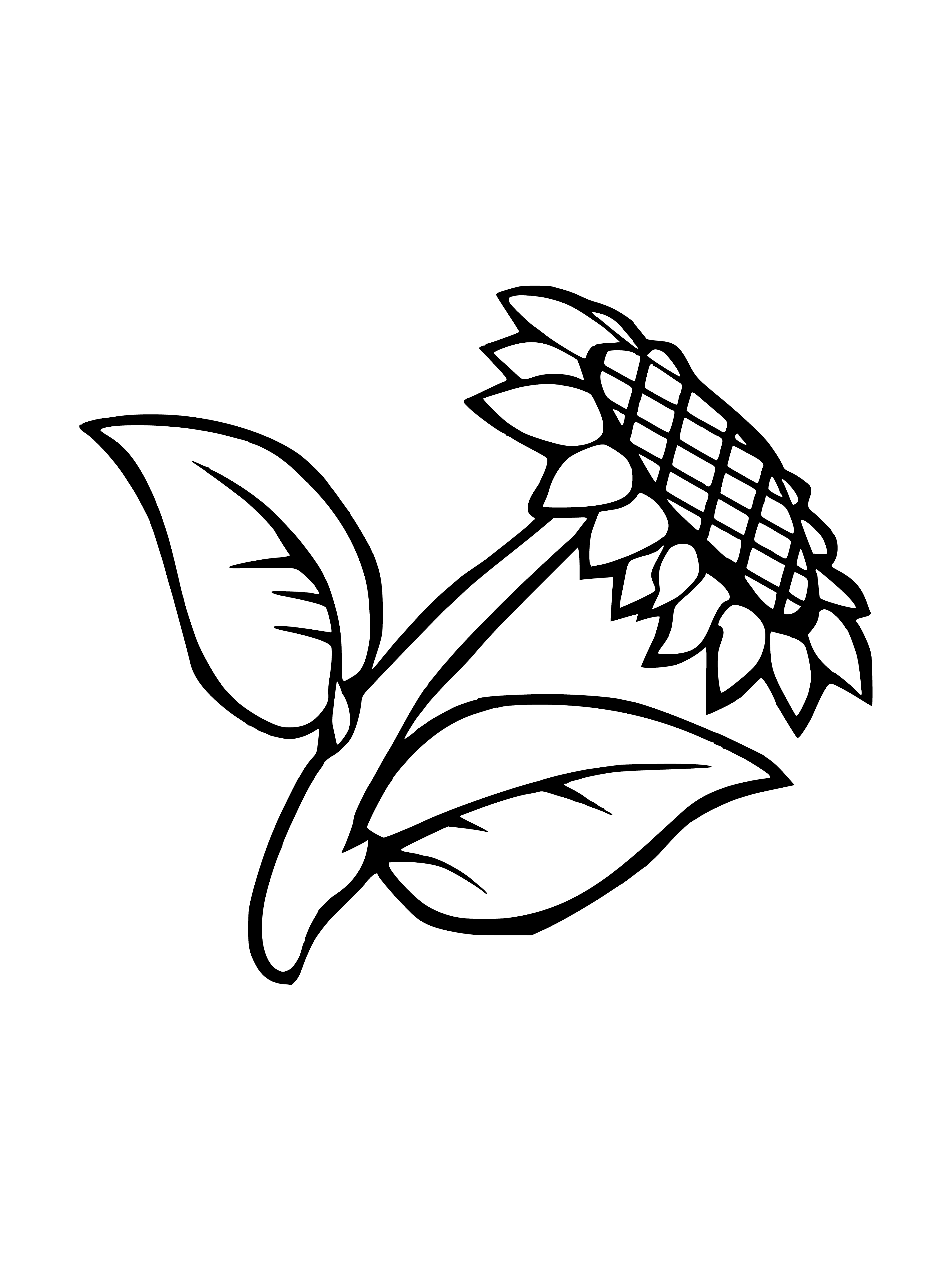 coloring page: Large yellow flower w/ green stem & leaves growing in a grassy field. Big round center w/many small yellow petals.