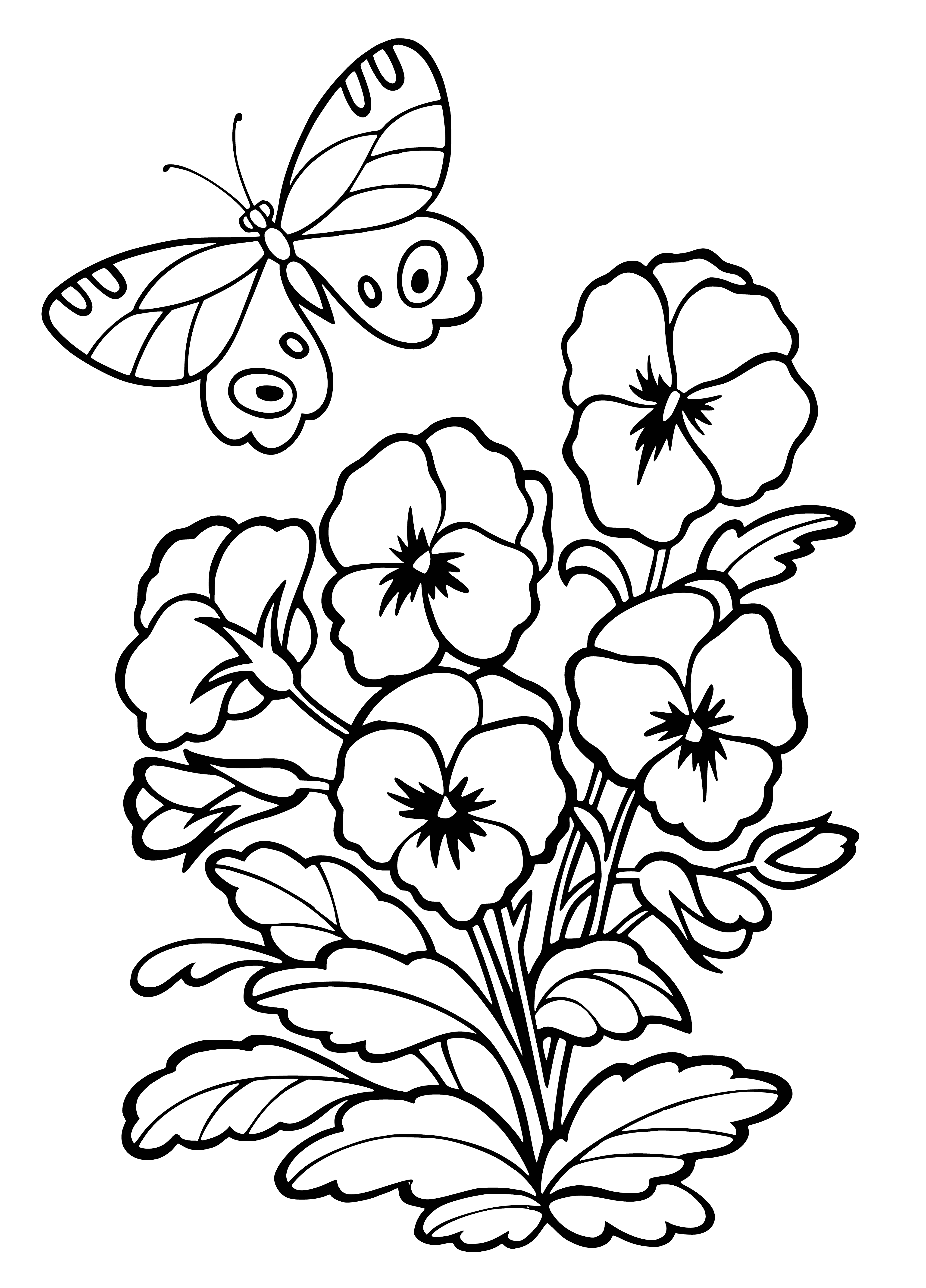 coloring page: Six flowers in pot - 3 yellow w/ green stems & 3 purple w/ brown stems. Black spots on faces, heart-shaped green leaves.