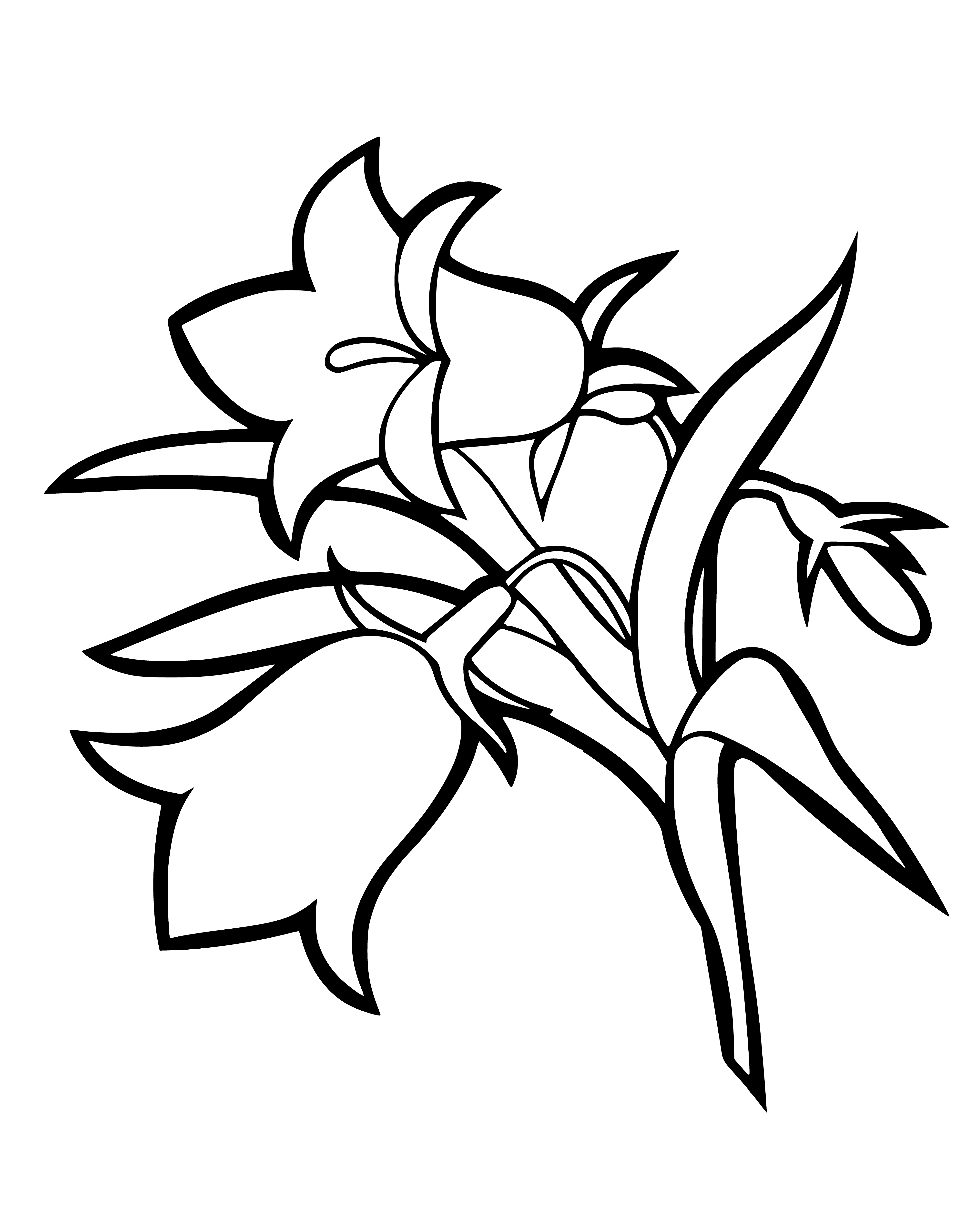 coloring page: Pretty light pink flower has curved petals & yellow center, on a long green stem with leaves.