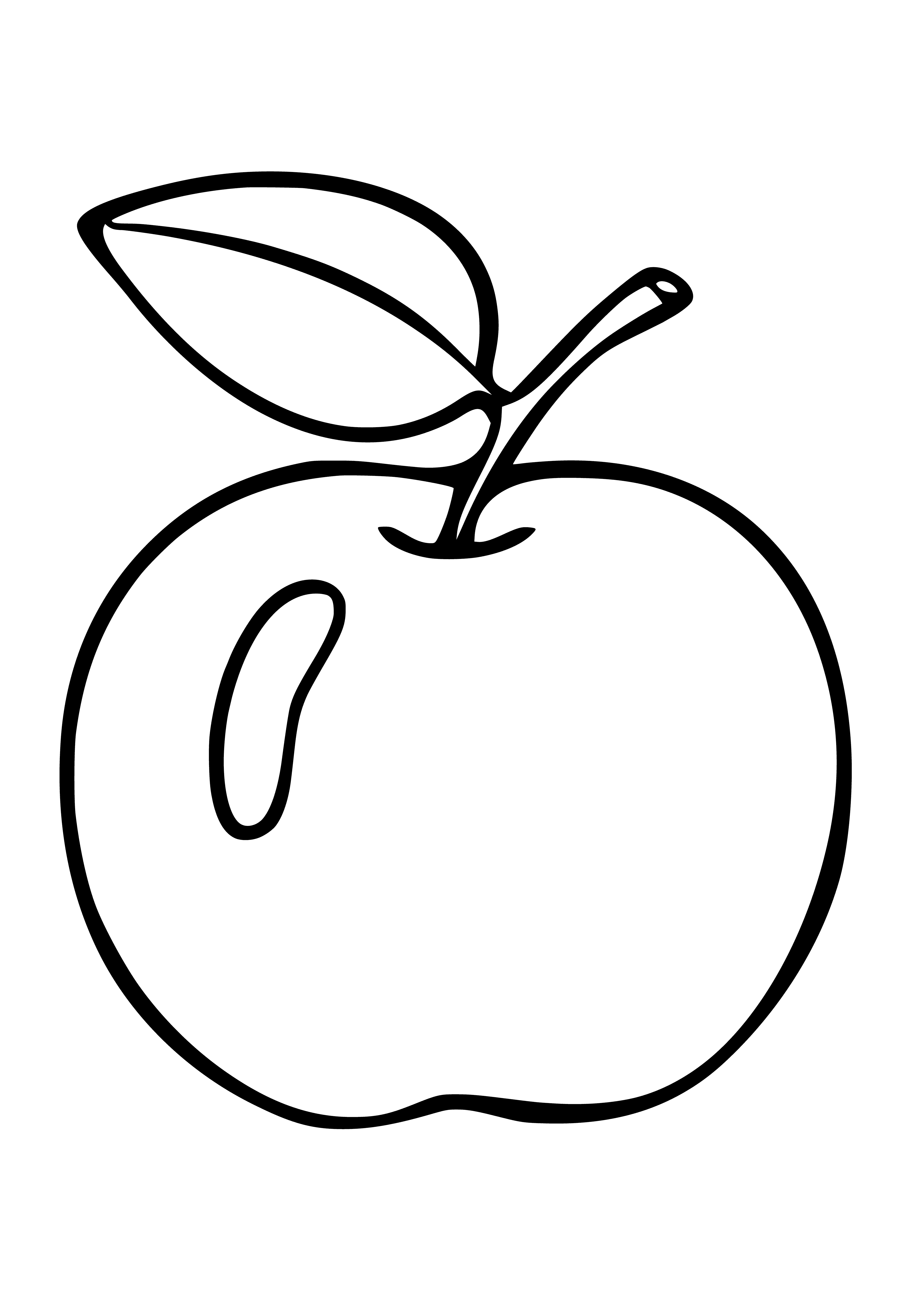 coloring page: Green apple on white background, stem with two green leaves, top has brown stem & green leaf; no colors on apple.