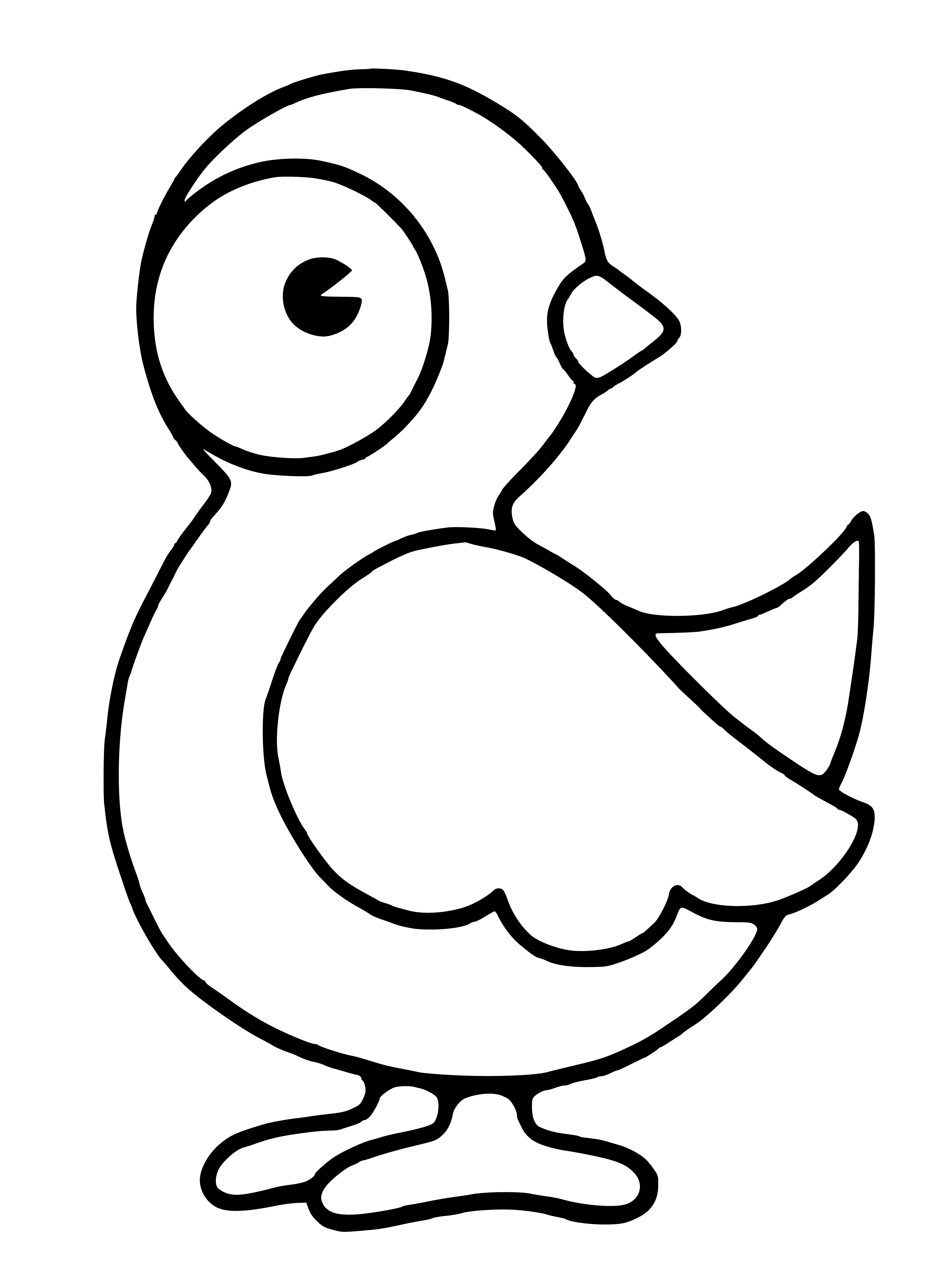 coloring page: A yellow chick with orange feet is in the center of a green background.