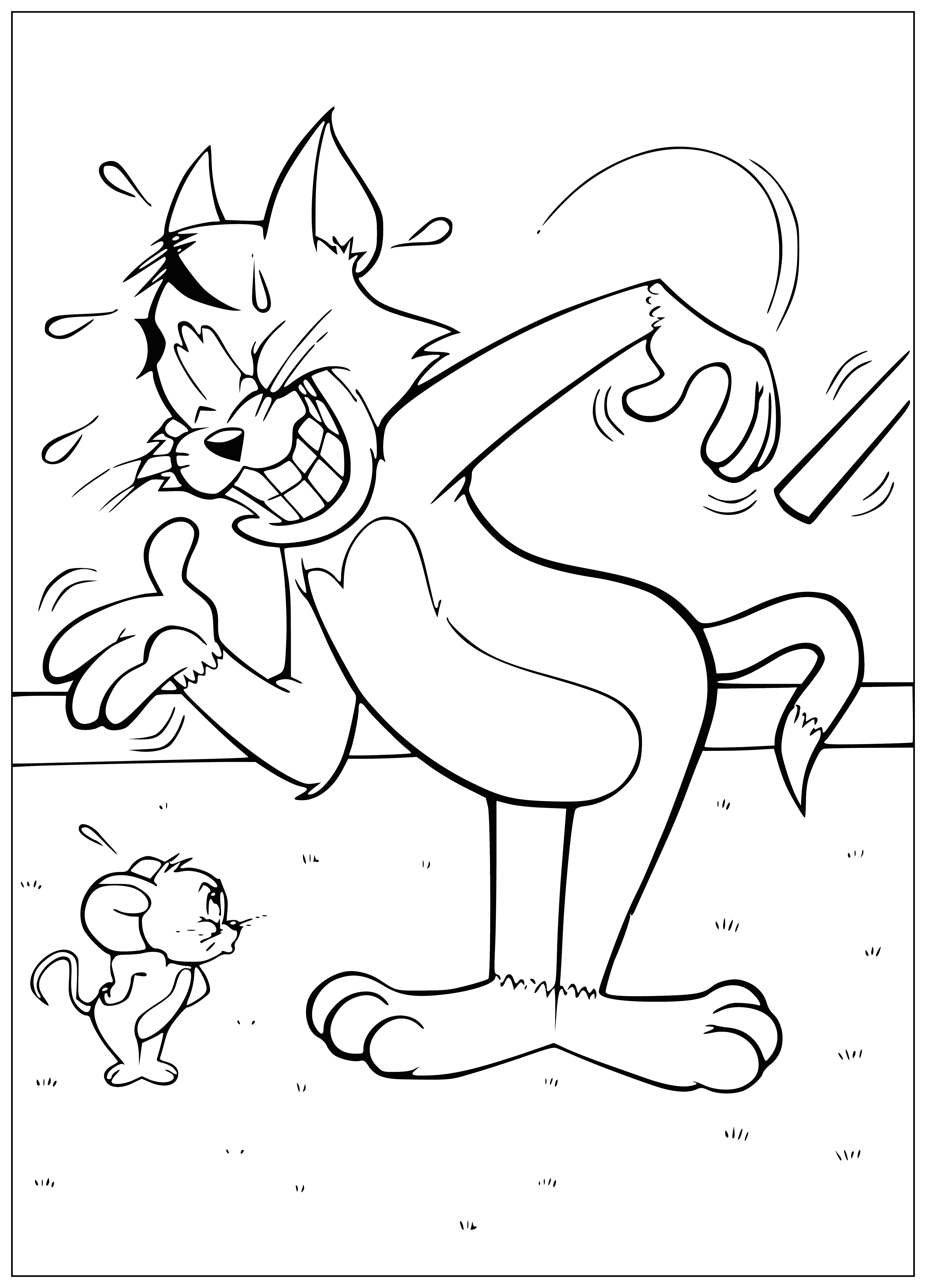 coloring page: Tom and Jerry are fighting, with a broom swinging and Jerry dodging and laughing, resulting in a mess on the floor.