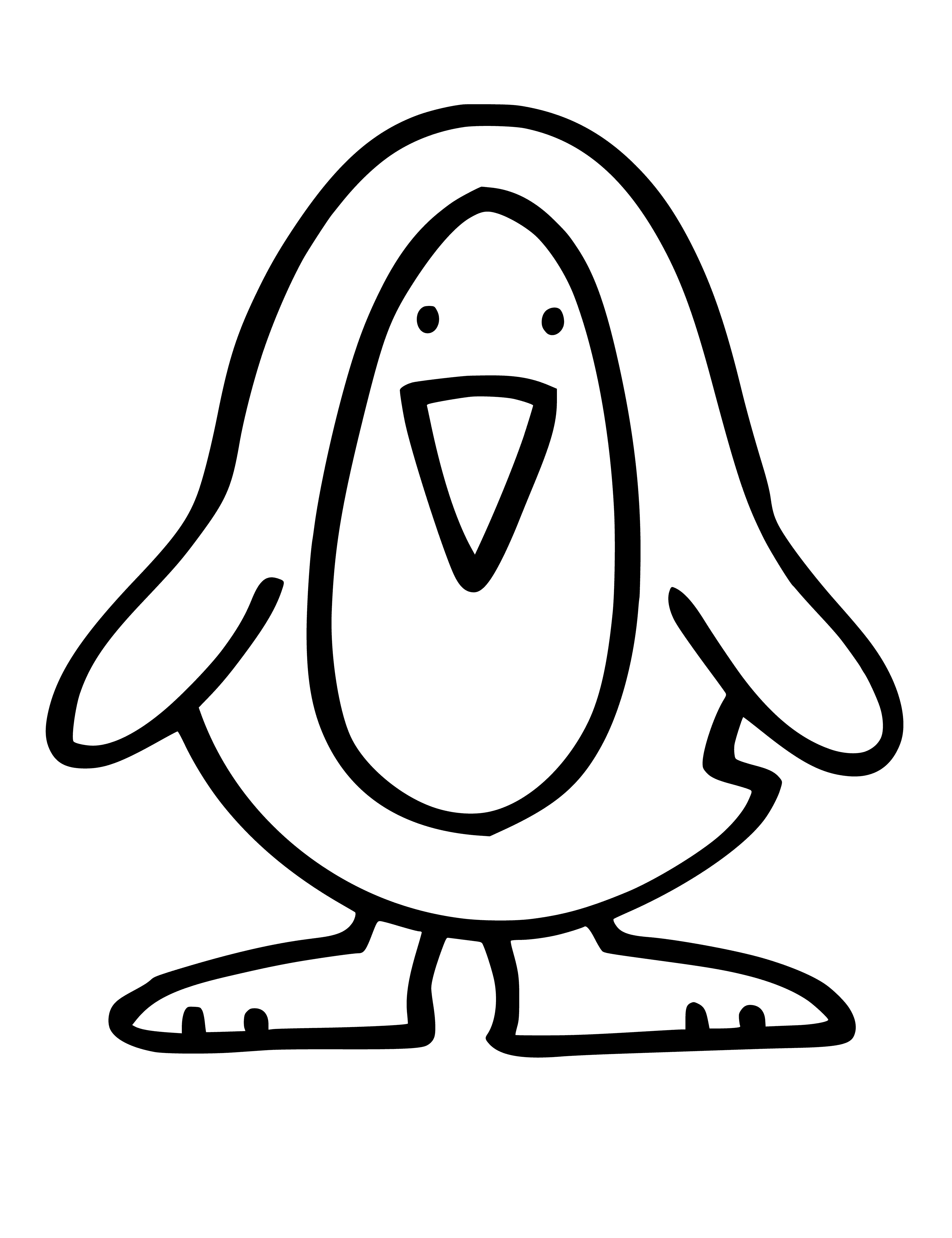 coloring page: A black and white penguin with an orange beak and a fish nearby stand on a sheet of ice. #animals #penguins #nature
