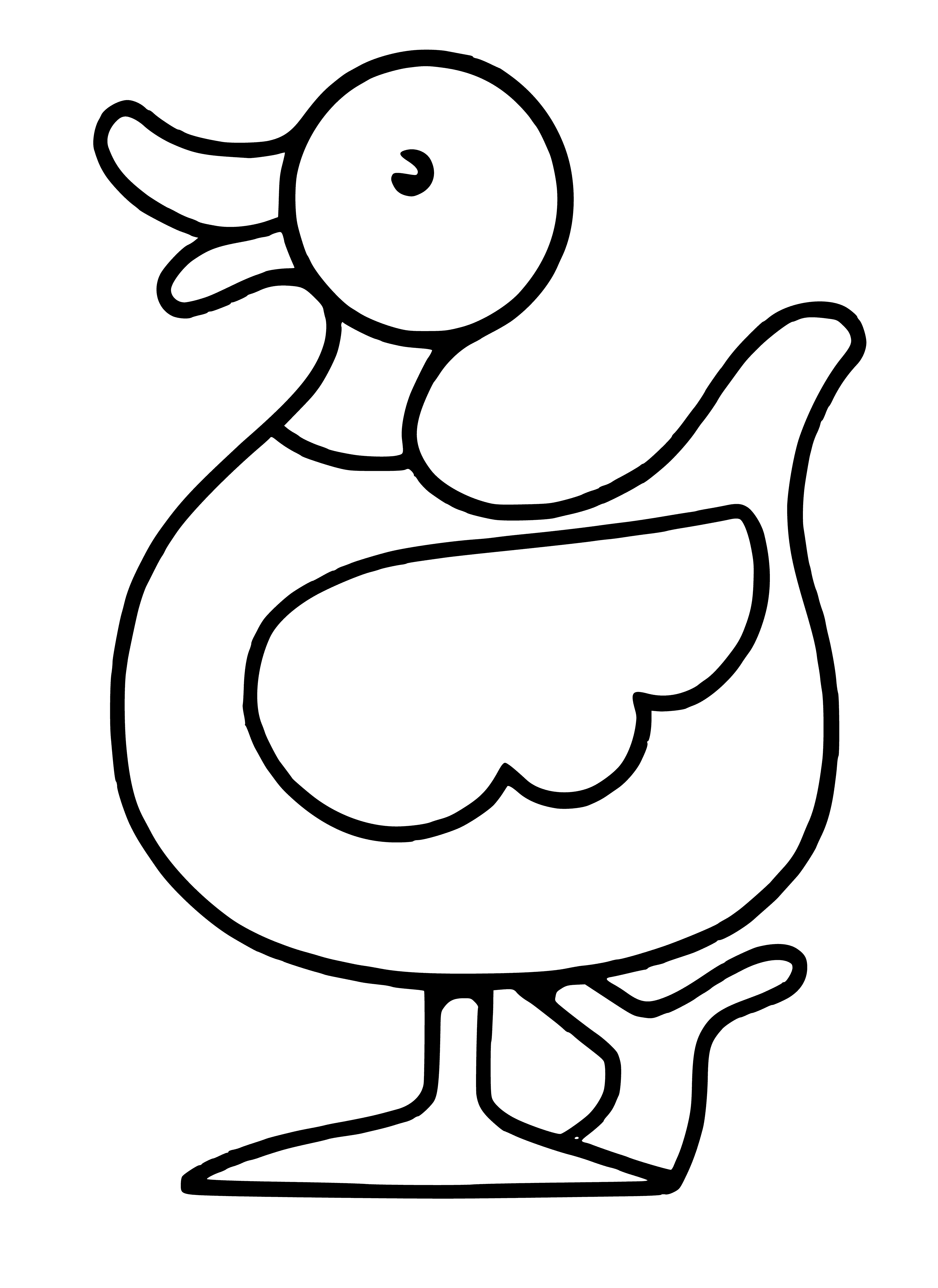 coloring page: Yellow duck with black beak stands in center; to l. is green lily pad, to r. is red balloon.