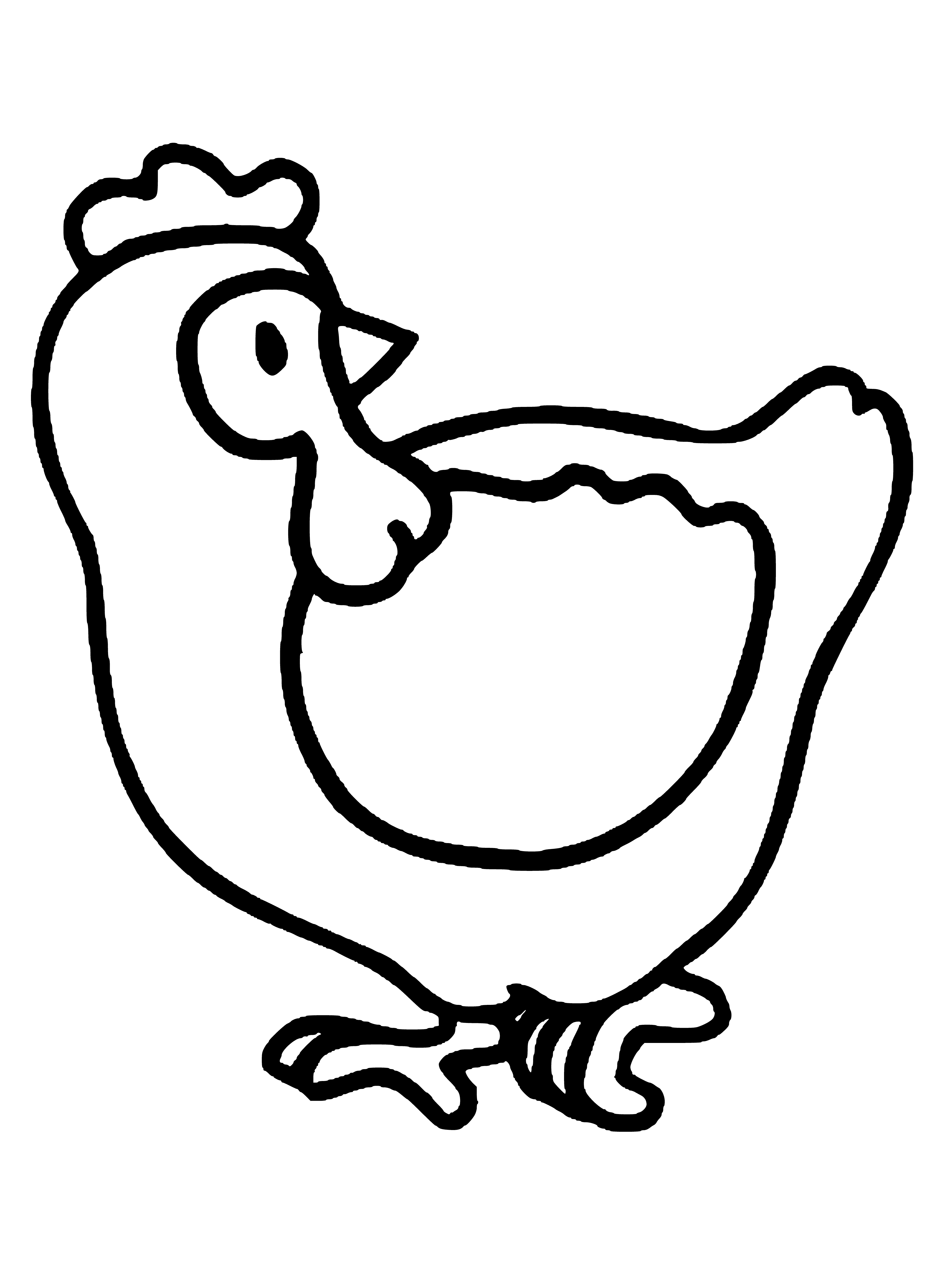 coloring page: A hen with two large eggs, one green and one yellow, surrounded by ovals in green, yellow and orange. "Coloring pages for children 3 years old - Hen." #PreschoolActivities