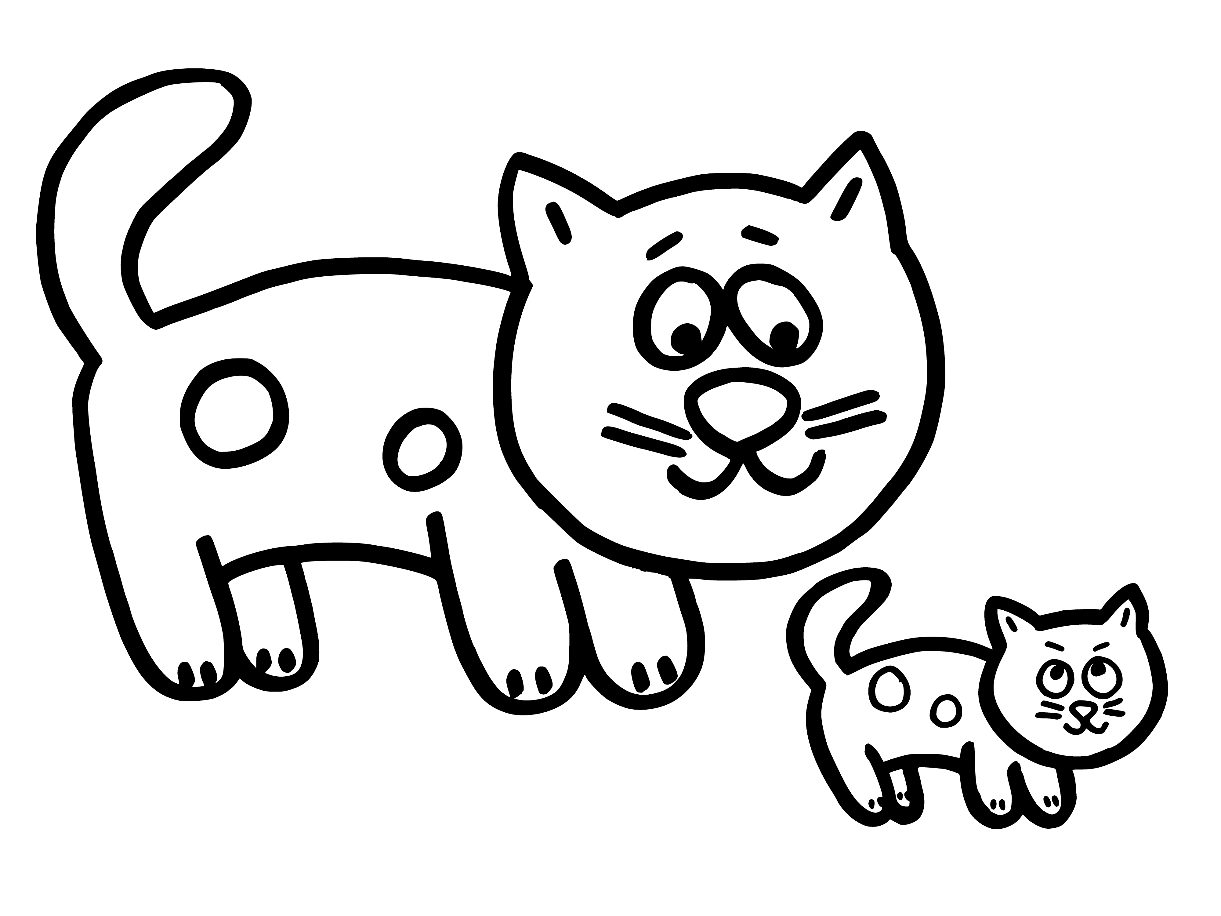 coloring page: Black cat sits on a yellow-green floor w/ a tiny, orange-yellow kitten in its mouth; both have green eyes.