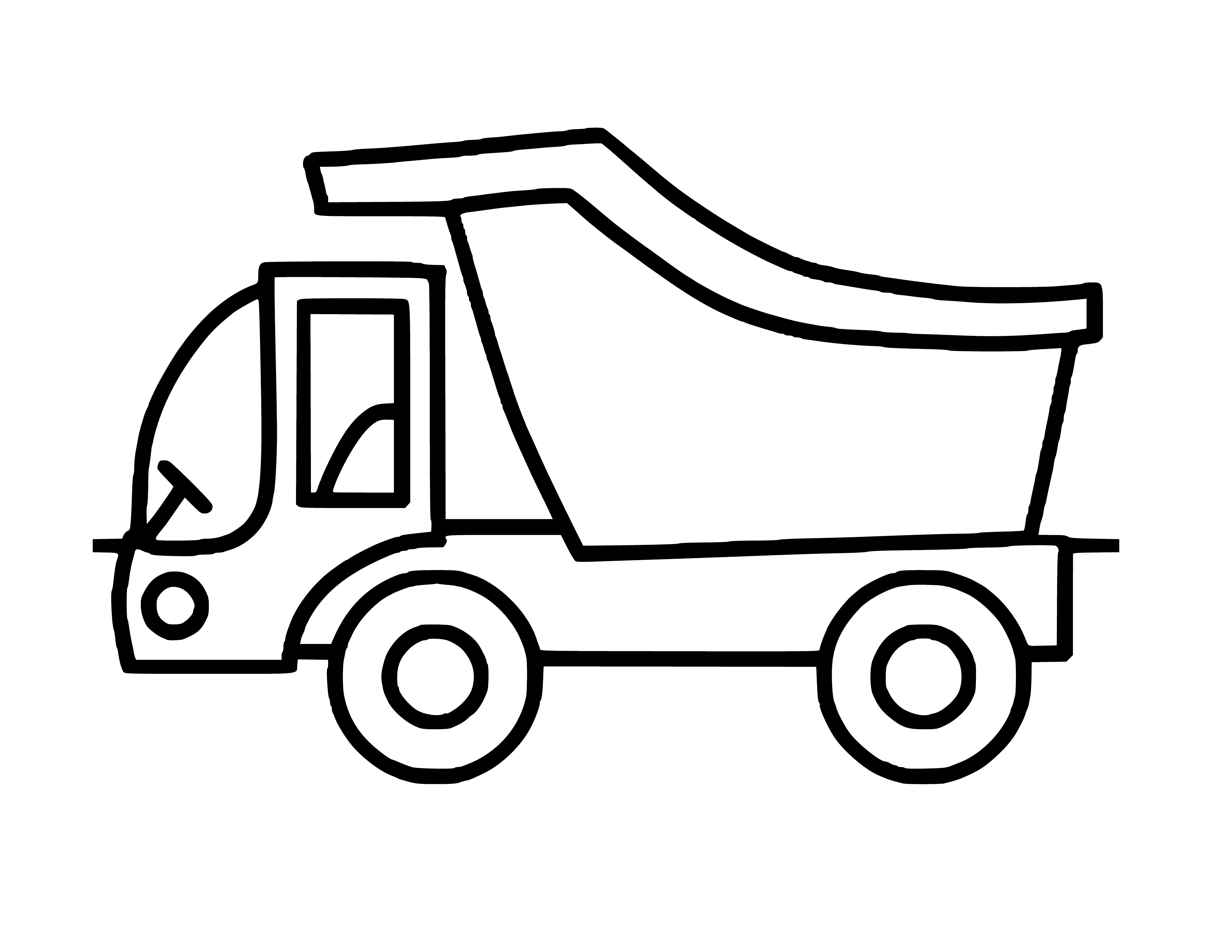 coloring page: A big yellow truck with orange and black stripes, a big exhaust pipe, a big grill, and four big tires with two headlights. #coloringpage