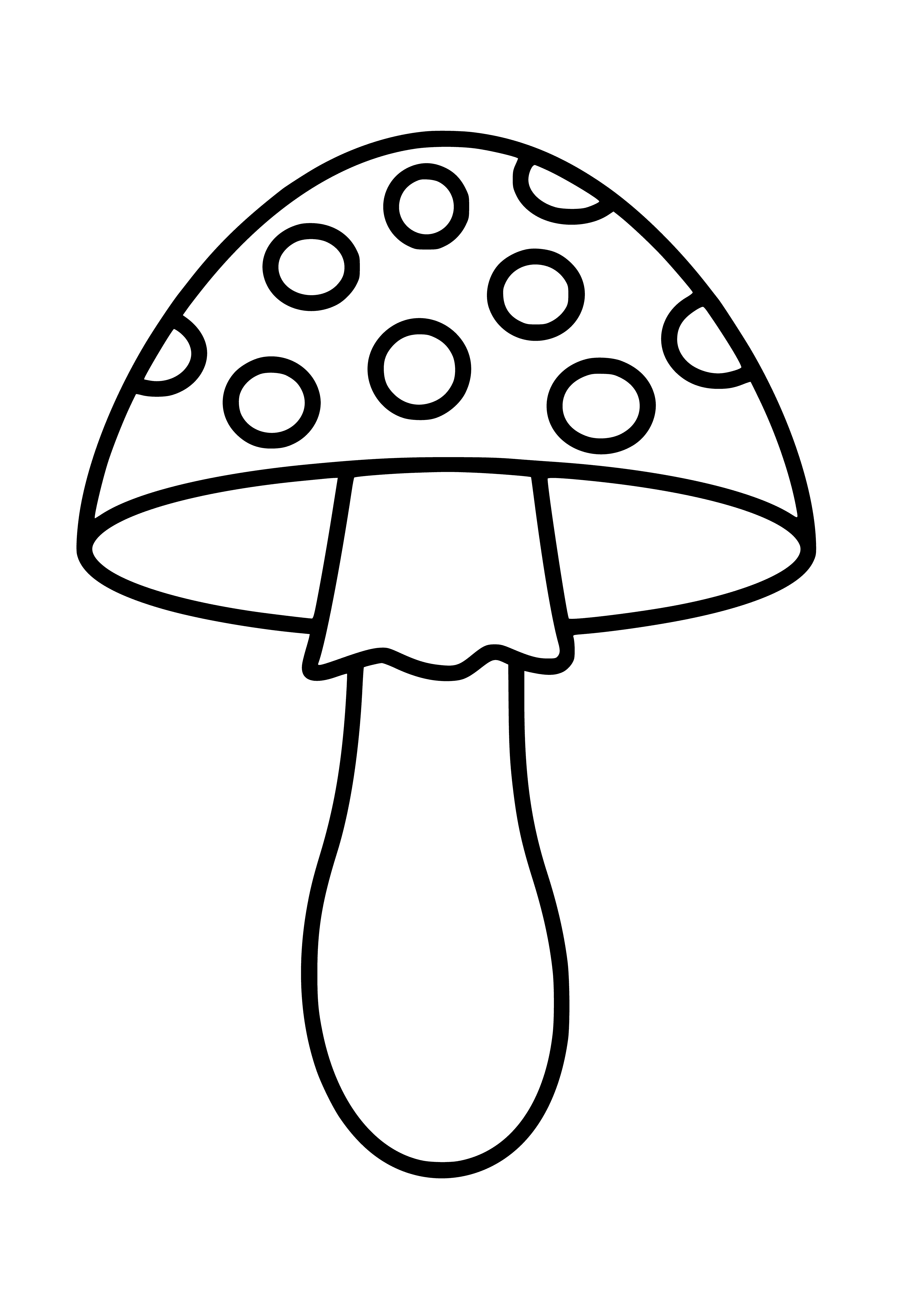 coloring page: A large Amanita mushroom surrounded by green leaves and flowers in a page's center. #mushrooms #green #flowers