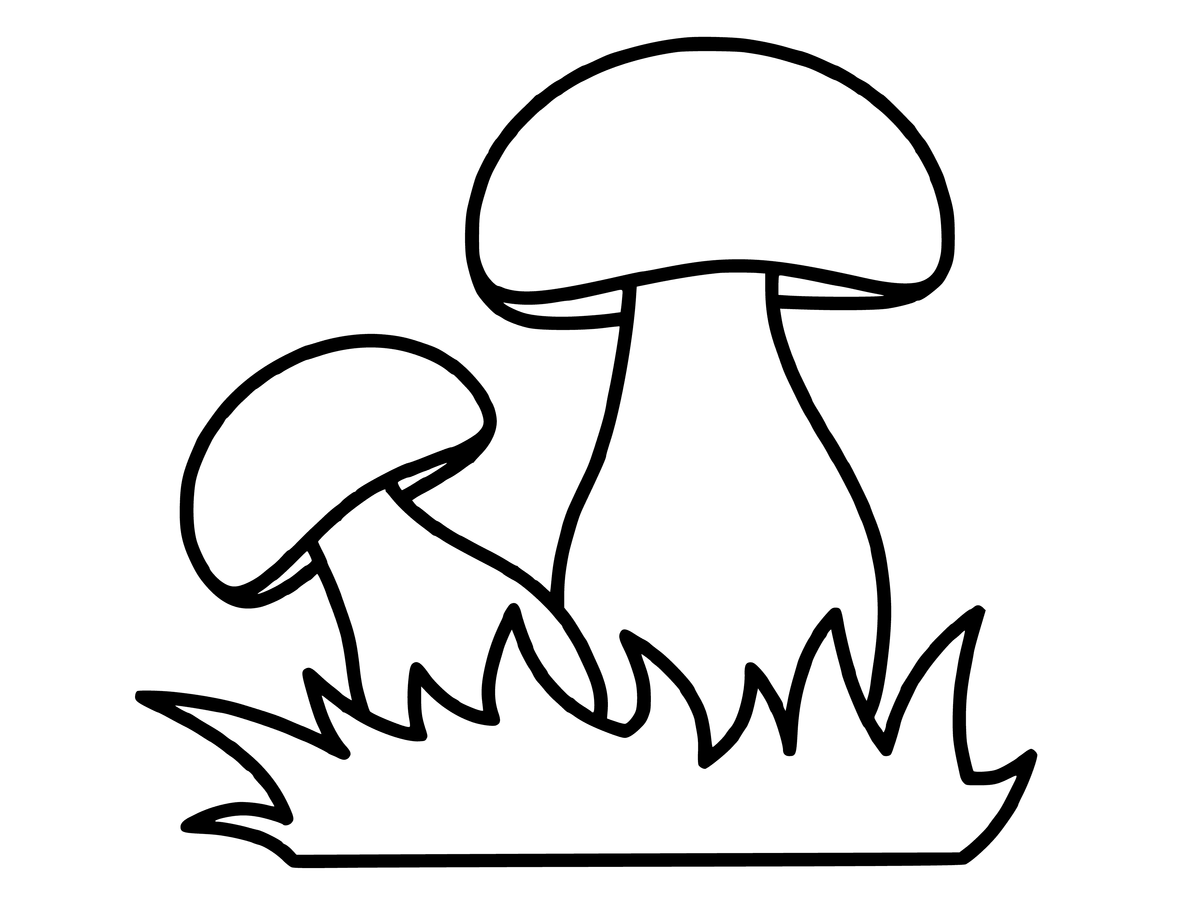 coloring page: Two white mushrooms sit on green grass in this coloring page. They have white caps and stems, no other colors. #coloringpagelovers