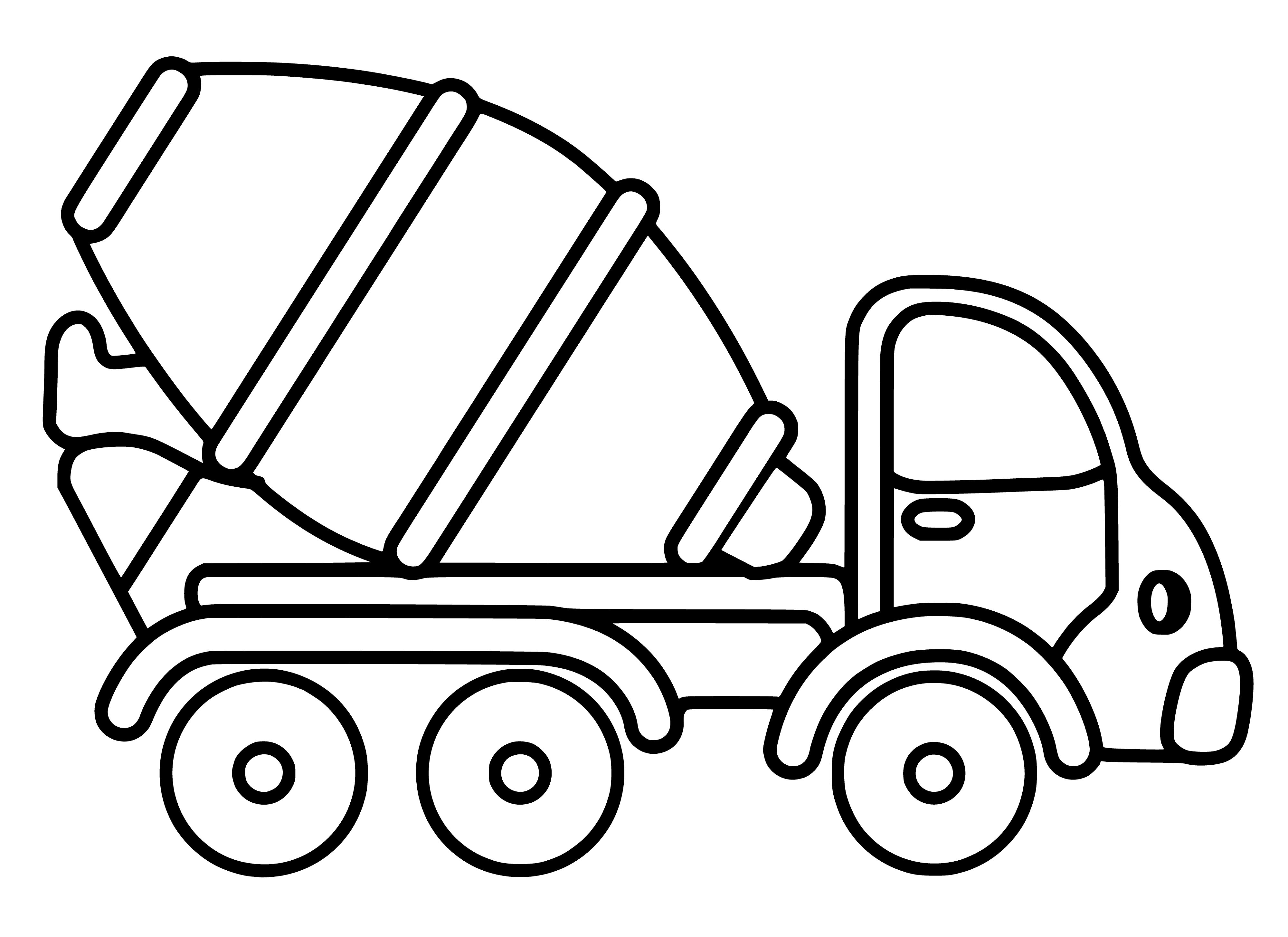 coloring page: Boy climbs onto giant, orange concrete mixer outside bright house, gripping handle high in the air.
