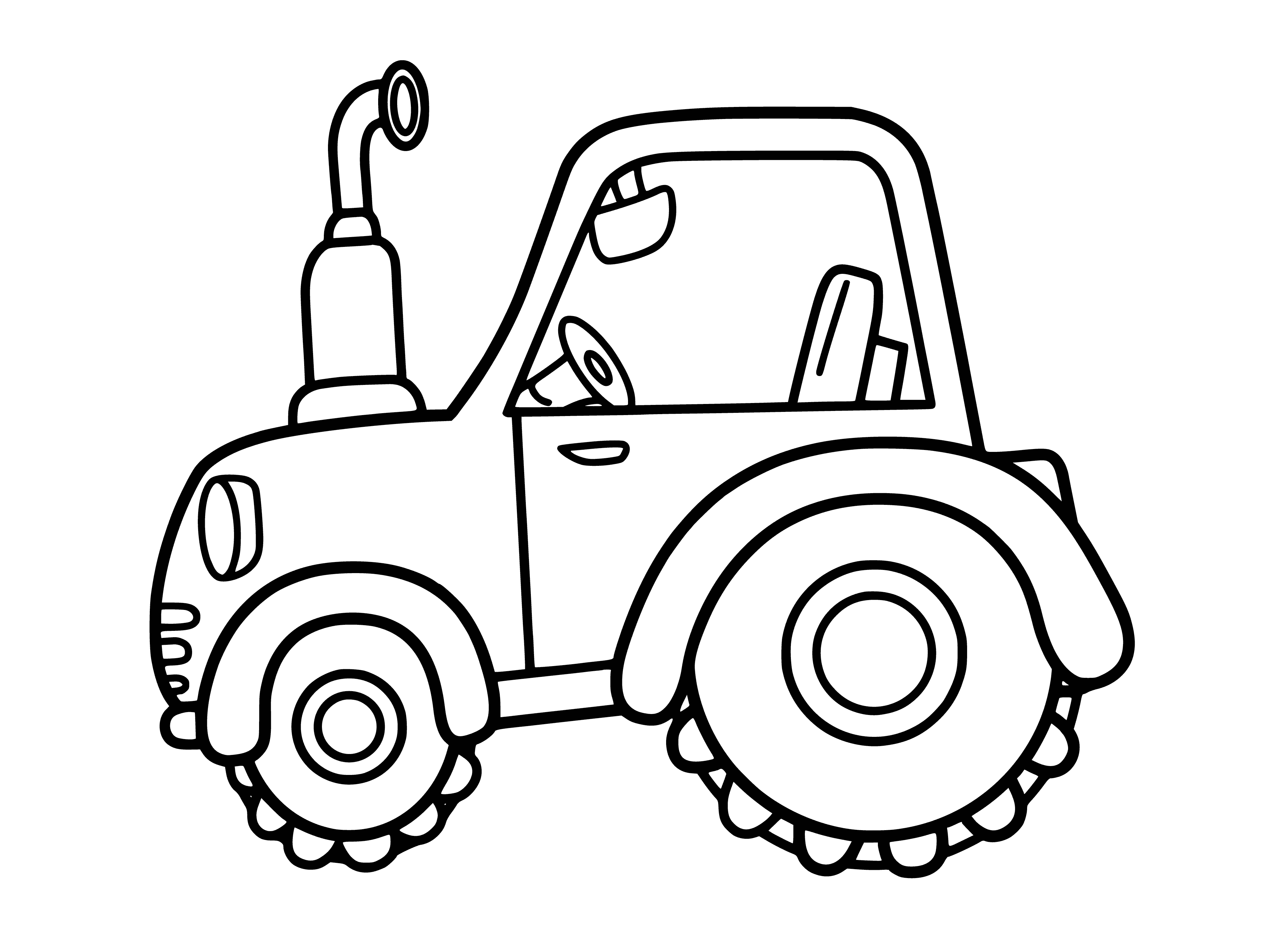 coloring page: Green & yellow tractor drives through field, blue sky with trees in distance.