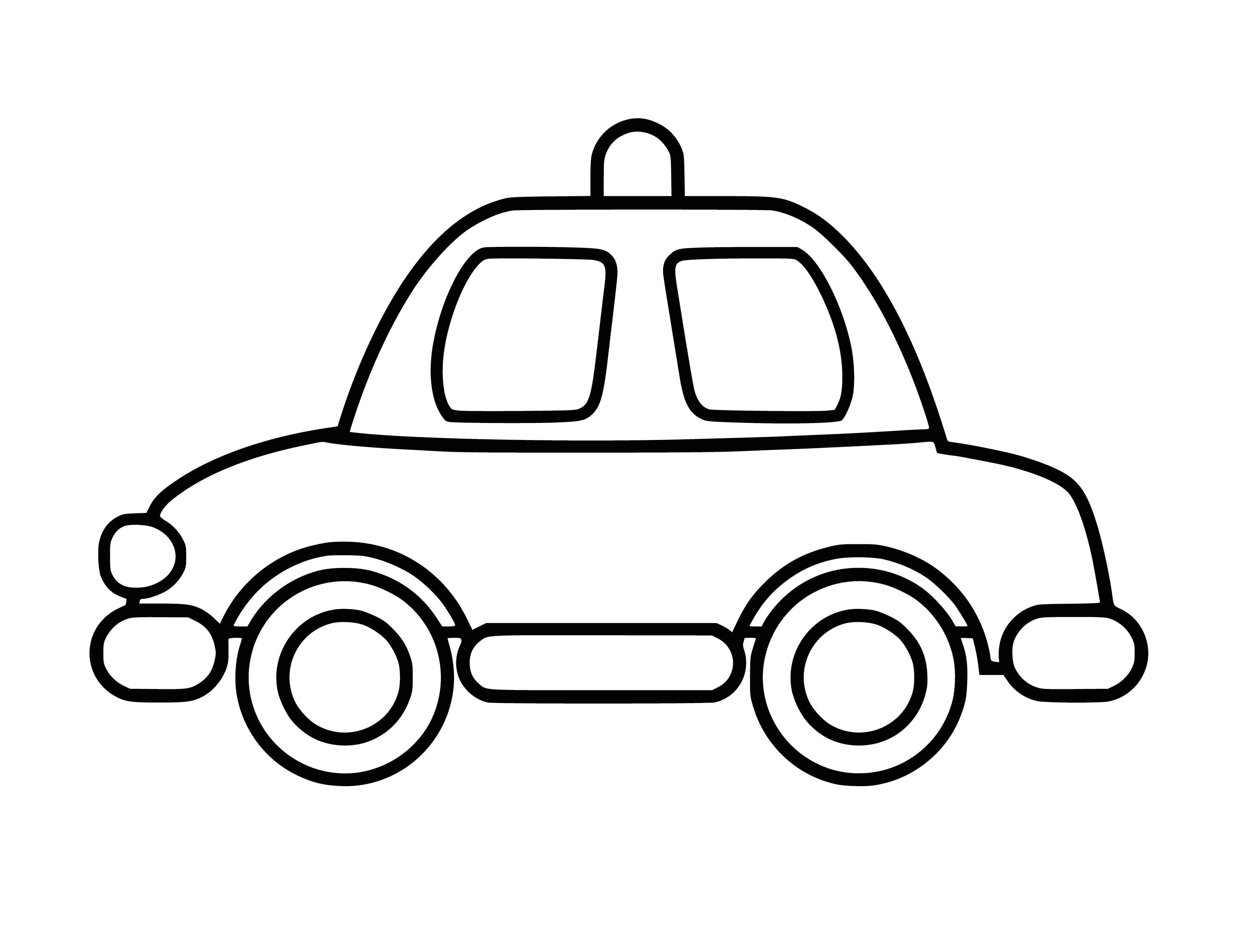 coloring page: A blue car drives down a city street, sunlight in the sky and trees looking green.