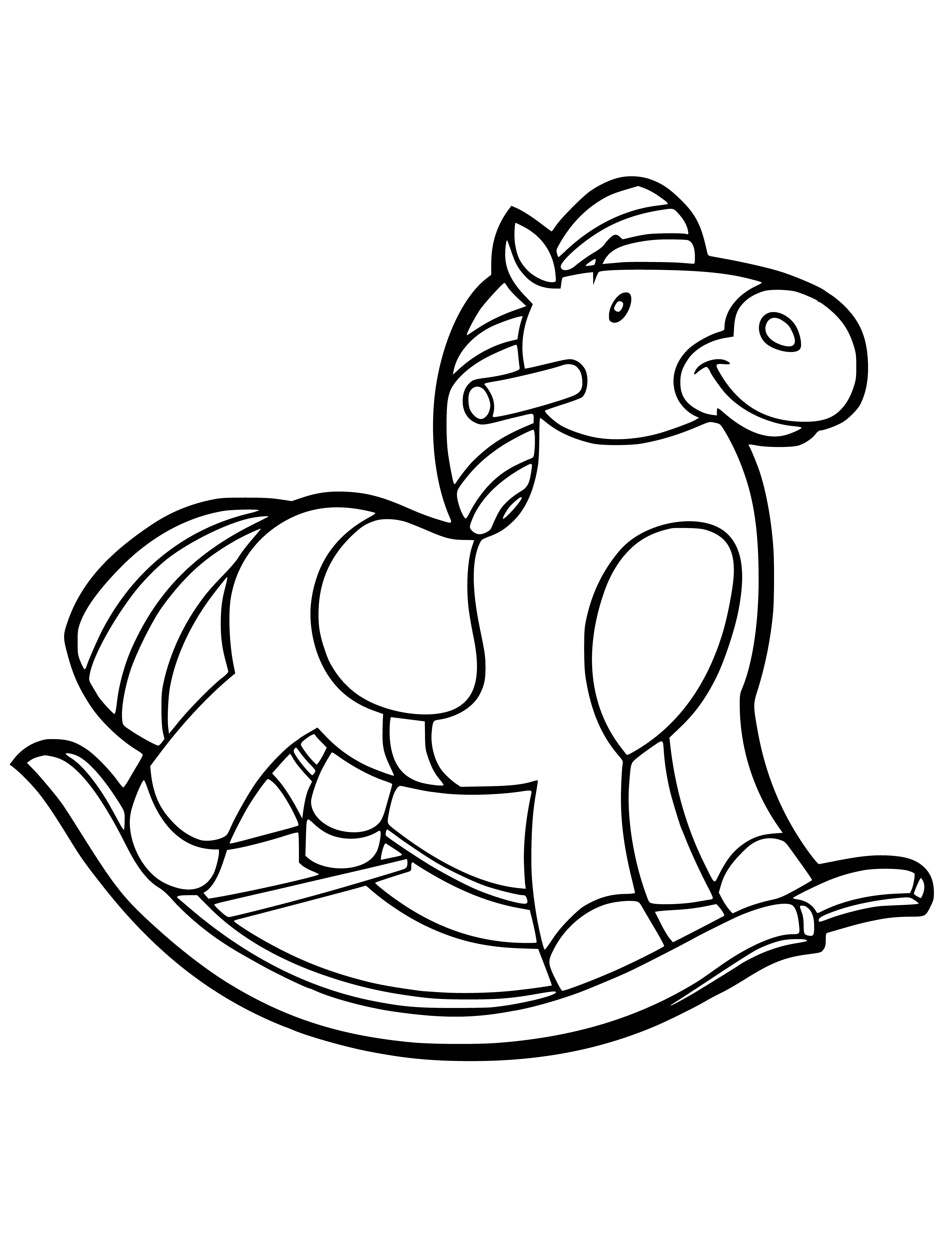 coloring page: A smiling rocking horse with purple mane, yellow saddle, & stars around it.