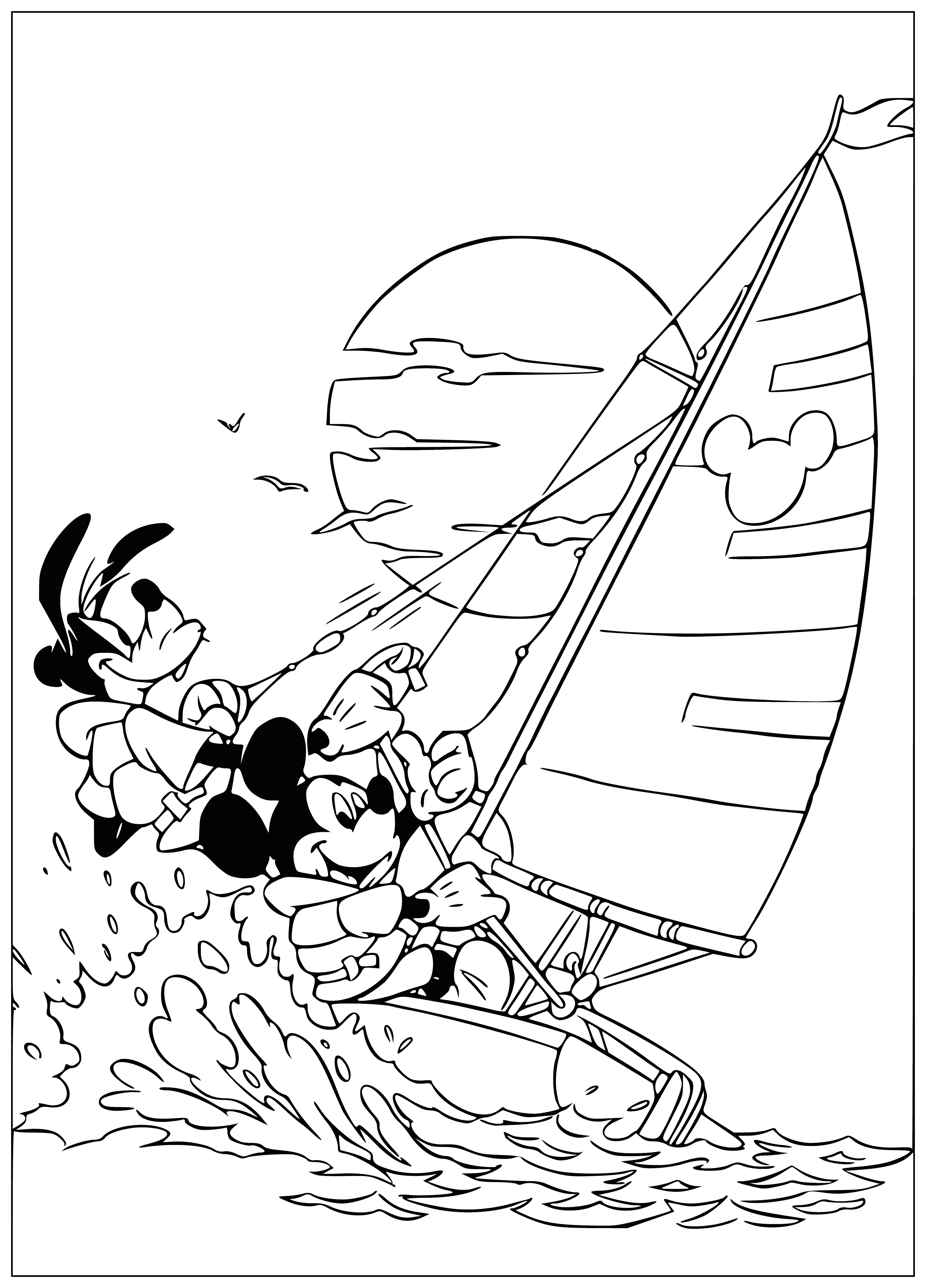coloring page: Mickey & friends sailing on a yacht, happy & having fun in the sun with a blue sky!