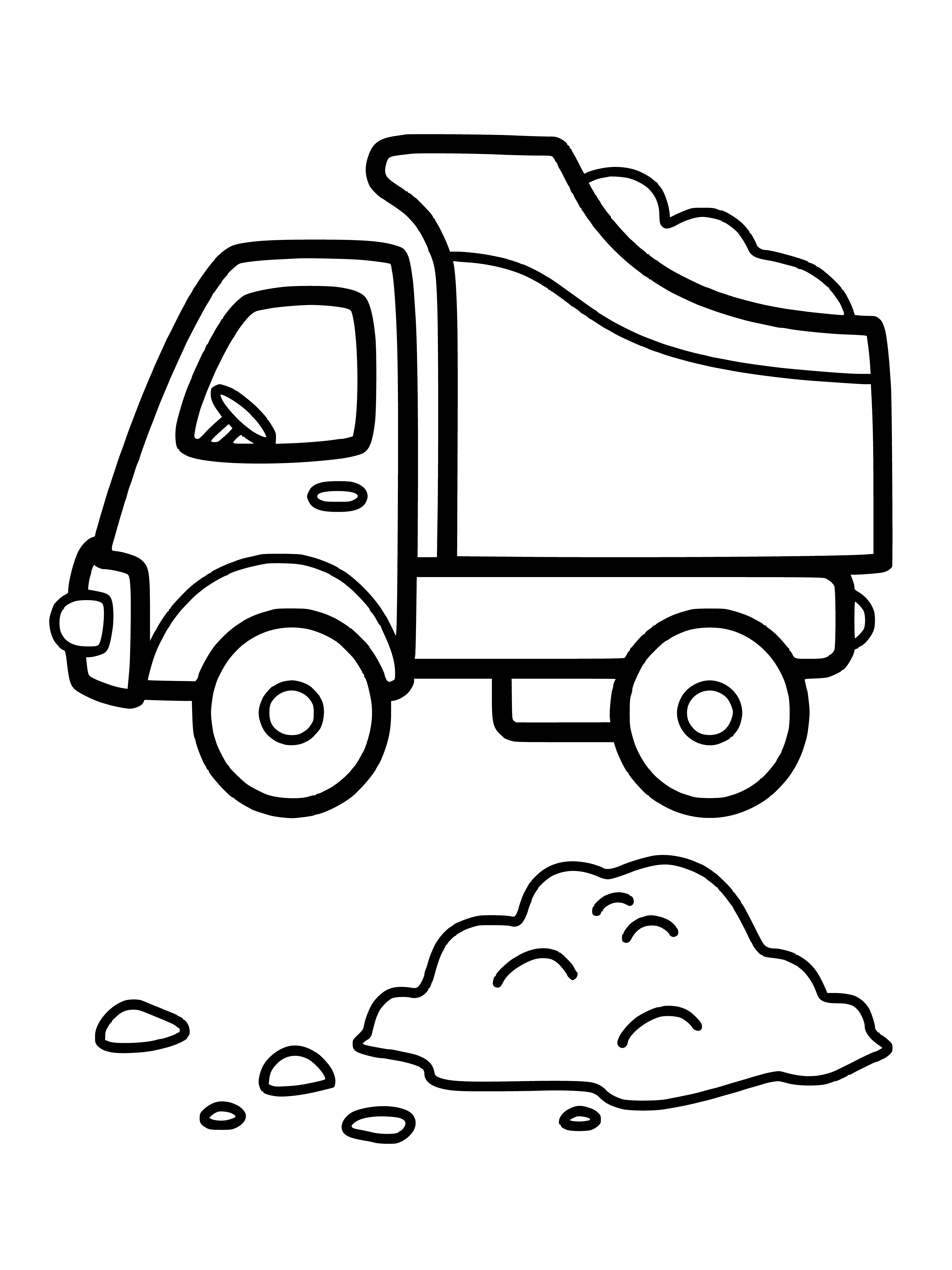 coloring page: A red truck with a white bed, four wheels and a black bumper, parked in a driveway.