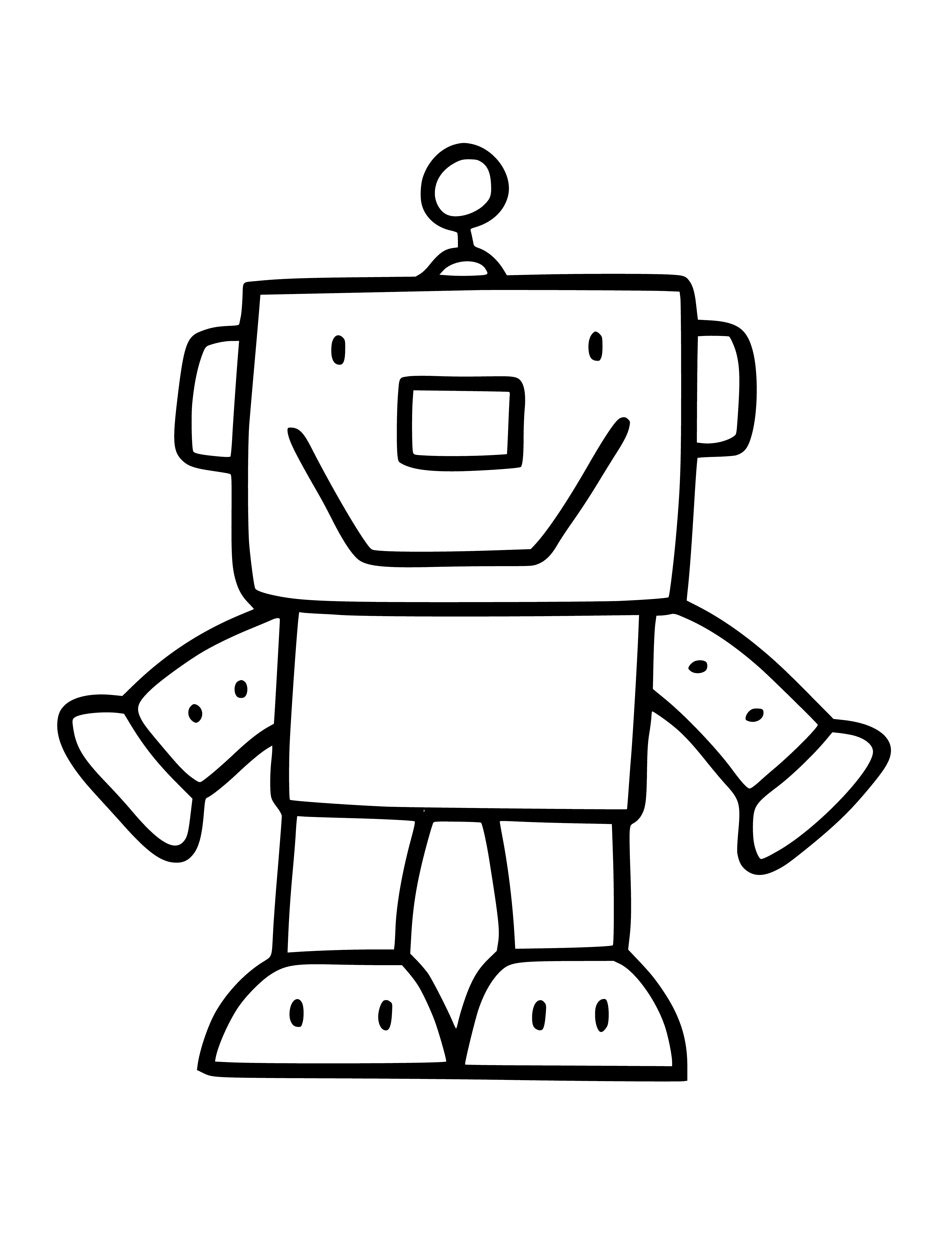 coloring page: Robot walks down a path of red, blue and yellow, with a purple and pink sunset behind it.
