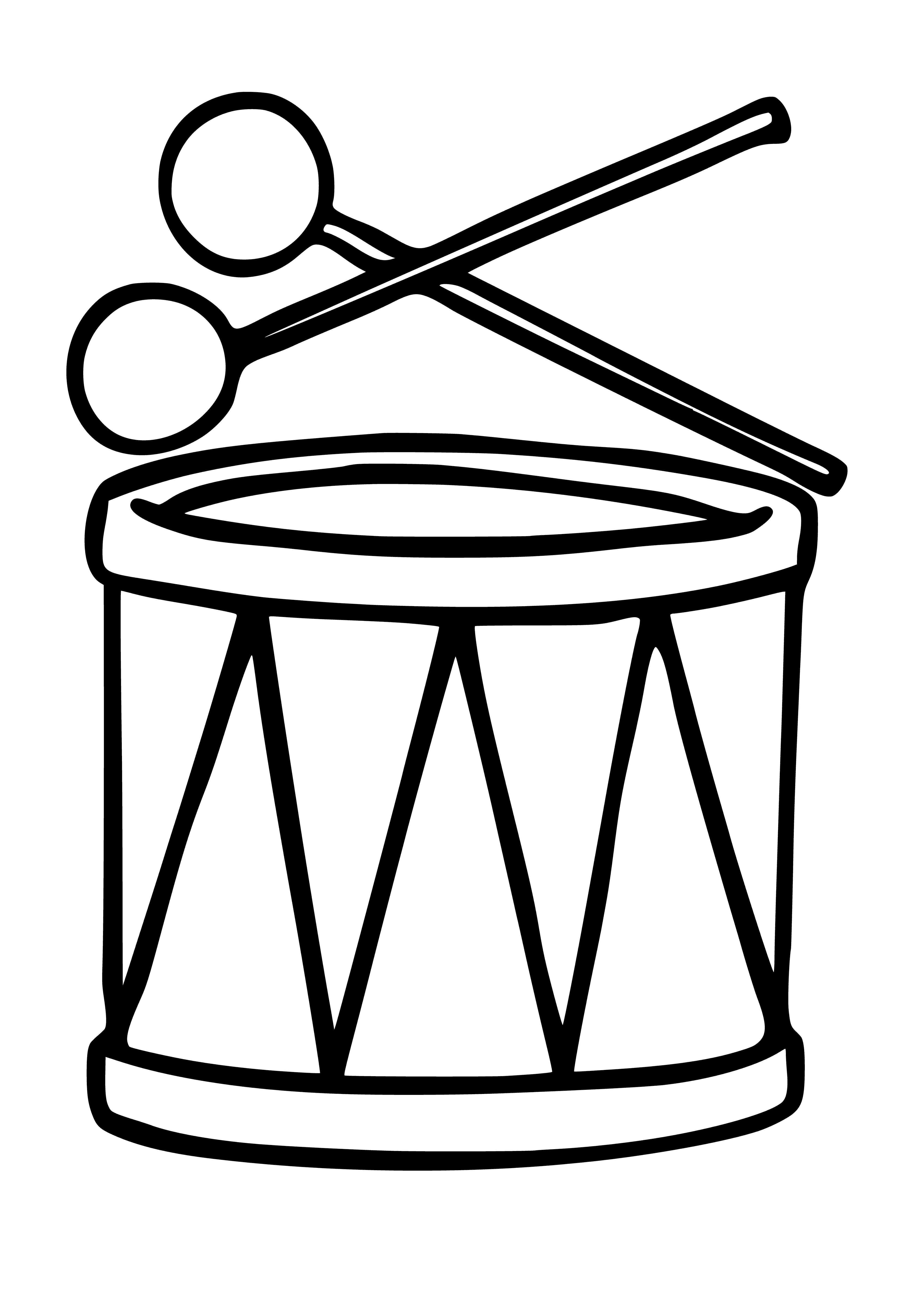 coloring page: Purple drum with yellow/green stripes; green frog left, yellow bird right.