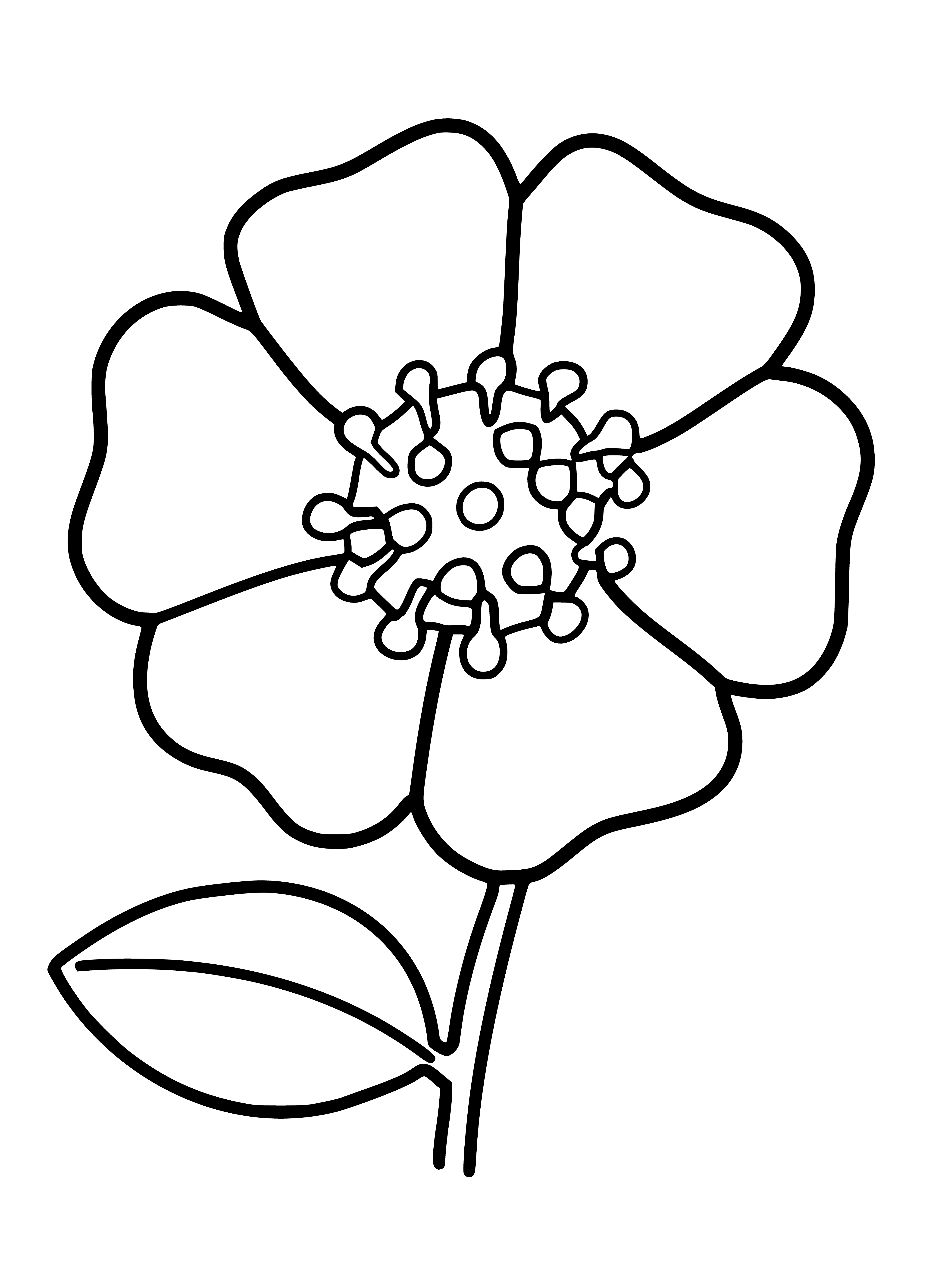 coloring page: Large yellow flower w/black outlines, dots, & green stem. Words "Color me!" at bottom. #color #summer #flower