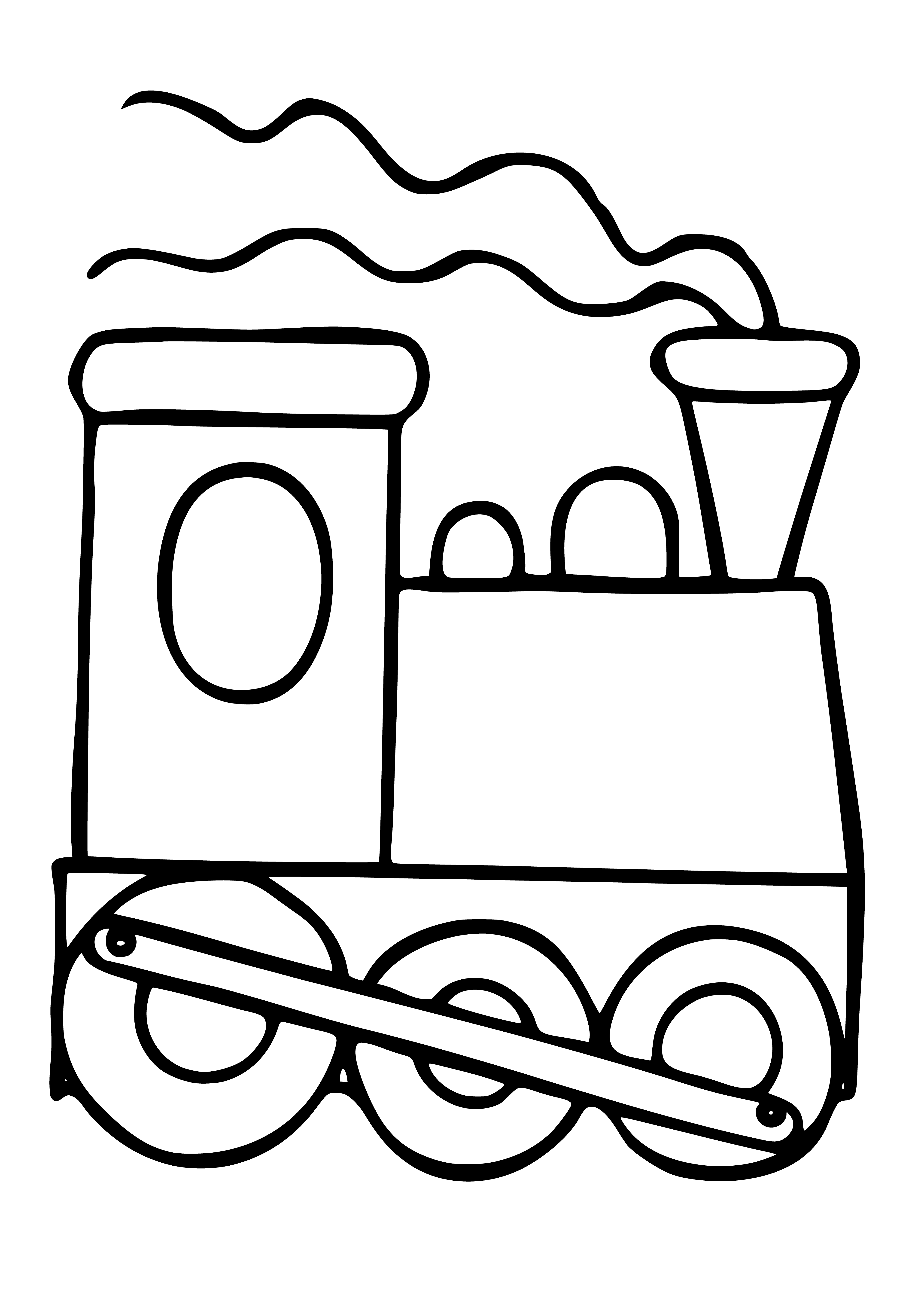 coloring page: Train chugging down tracks w/ black locomotive & 3 cars (yellow, green & blue). Trees & hills in the distance.