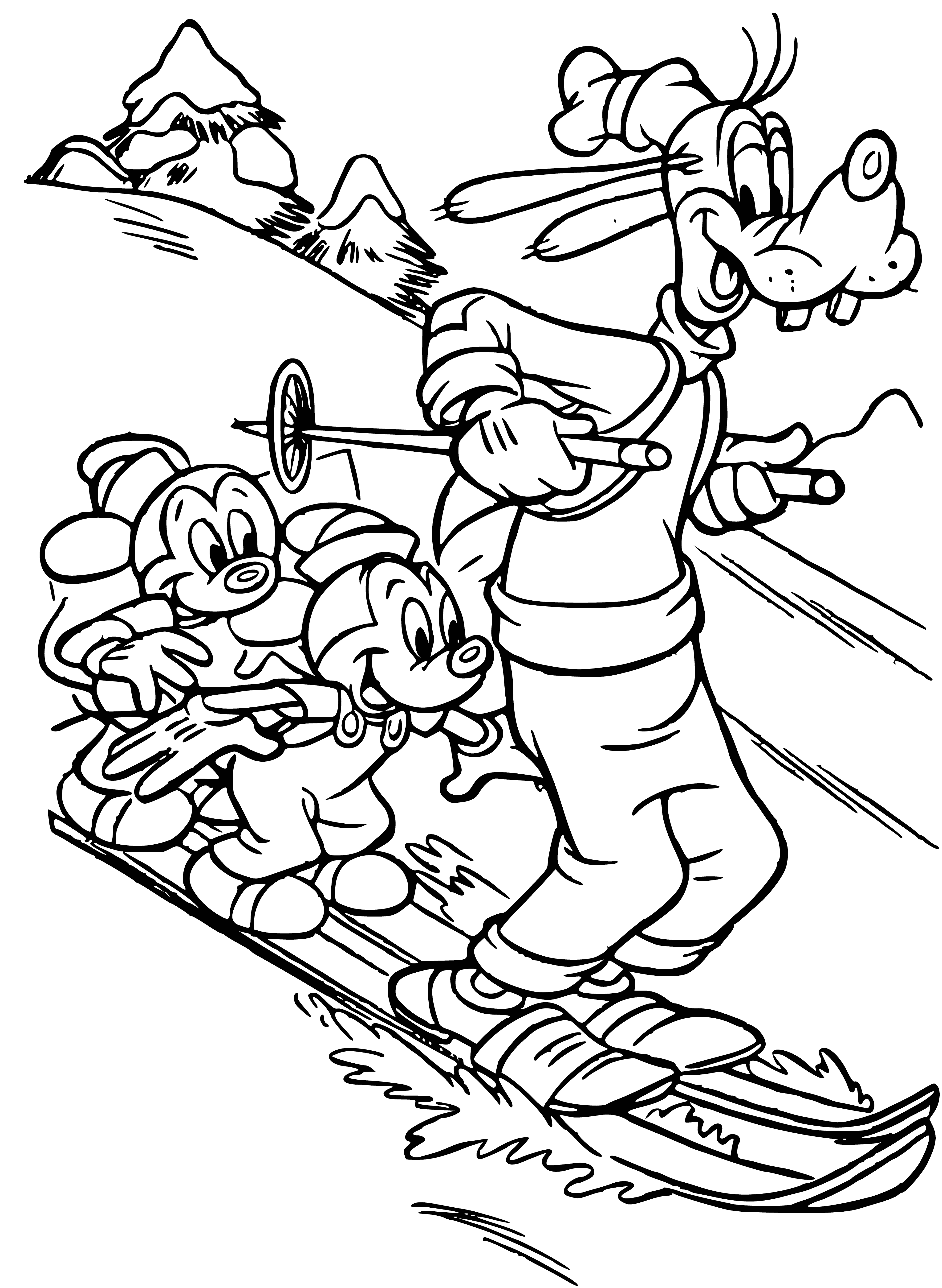 coloring page: Mickey Mouse runs around on all fours with Goofy cheering him on, while a group of mice cheers them both.