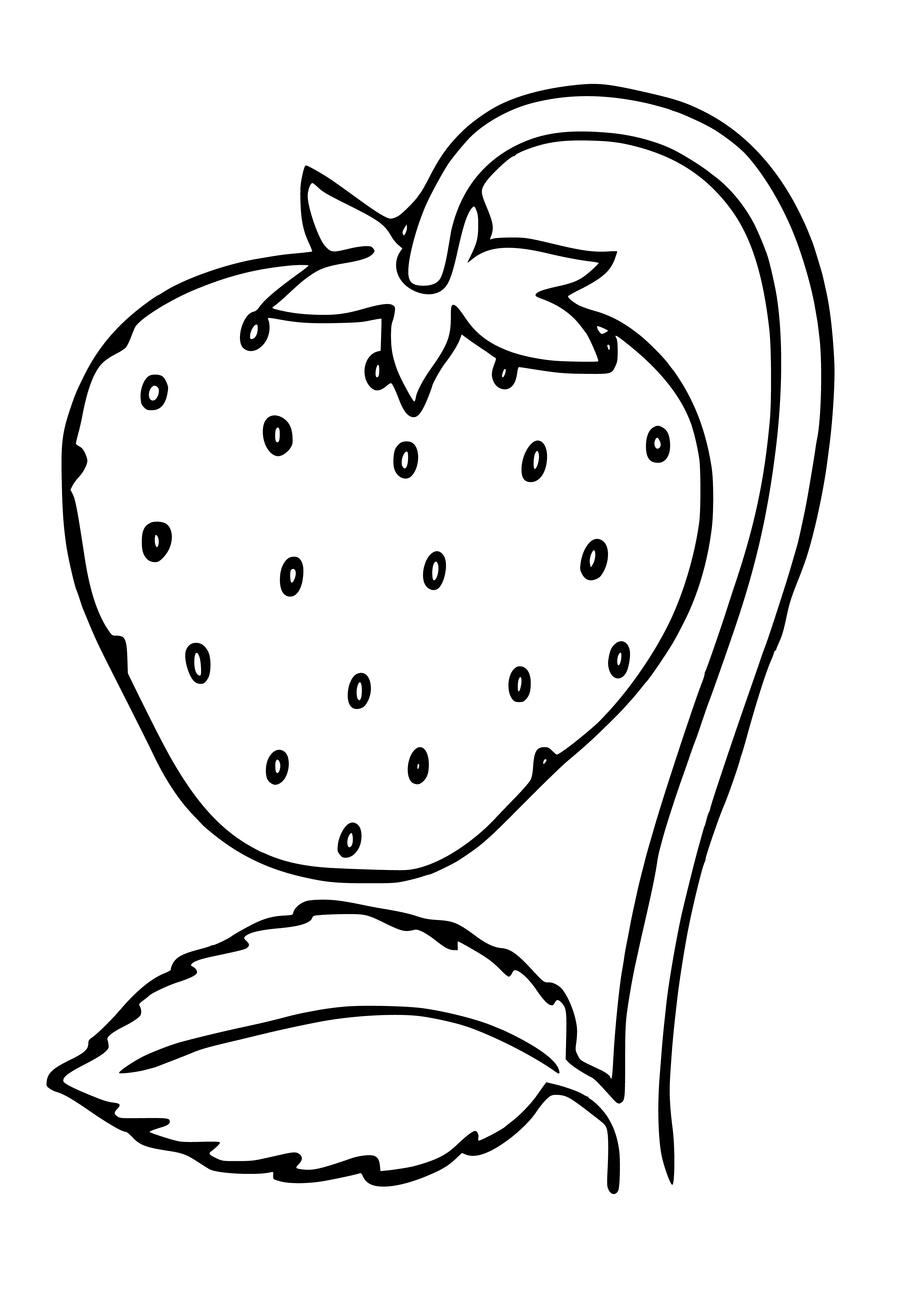 coloring page: A red strawberry with green leaves.