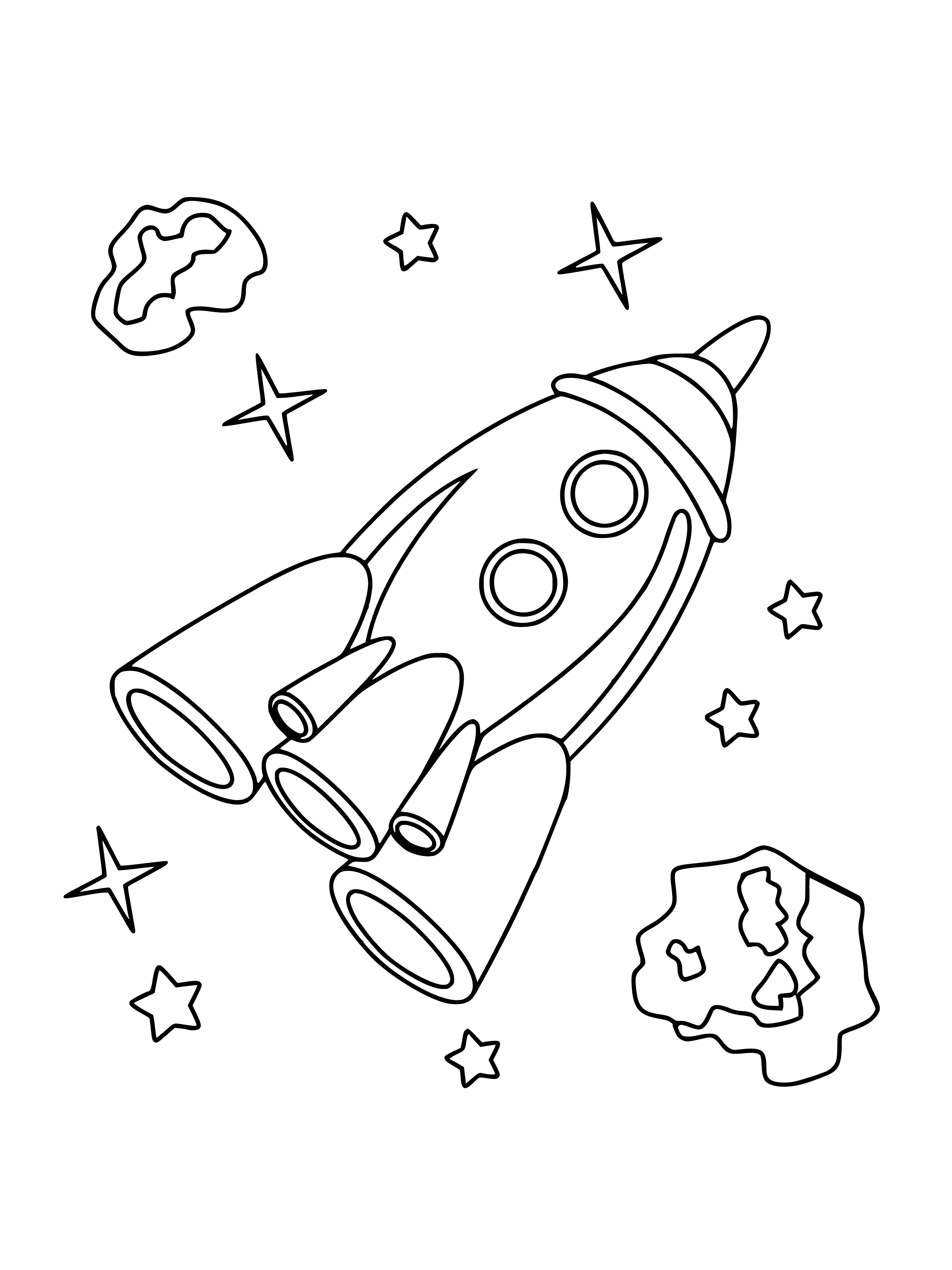 coloring page: -> Rocket in center of page w/ orange & black colors, nozzle & fins at top/bottom, blue bg.