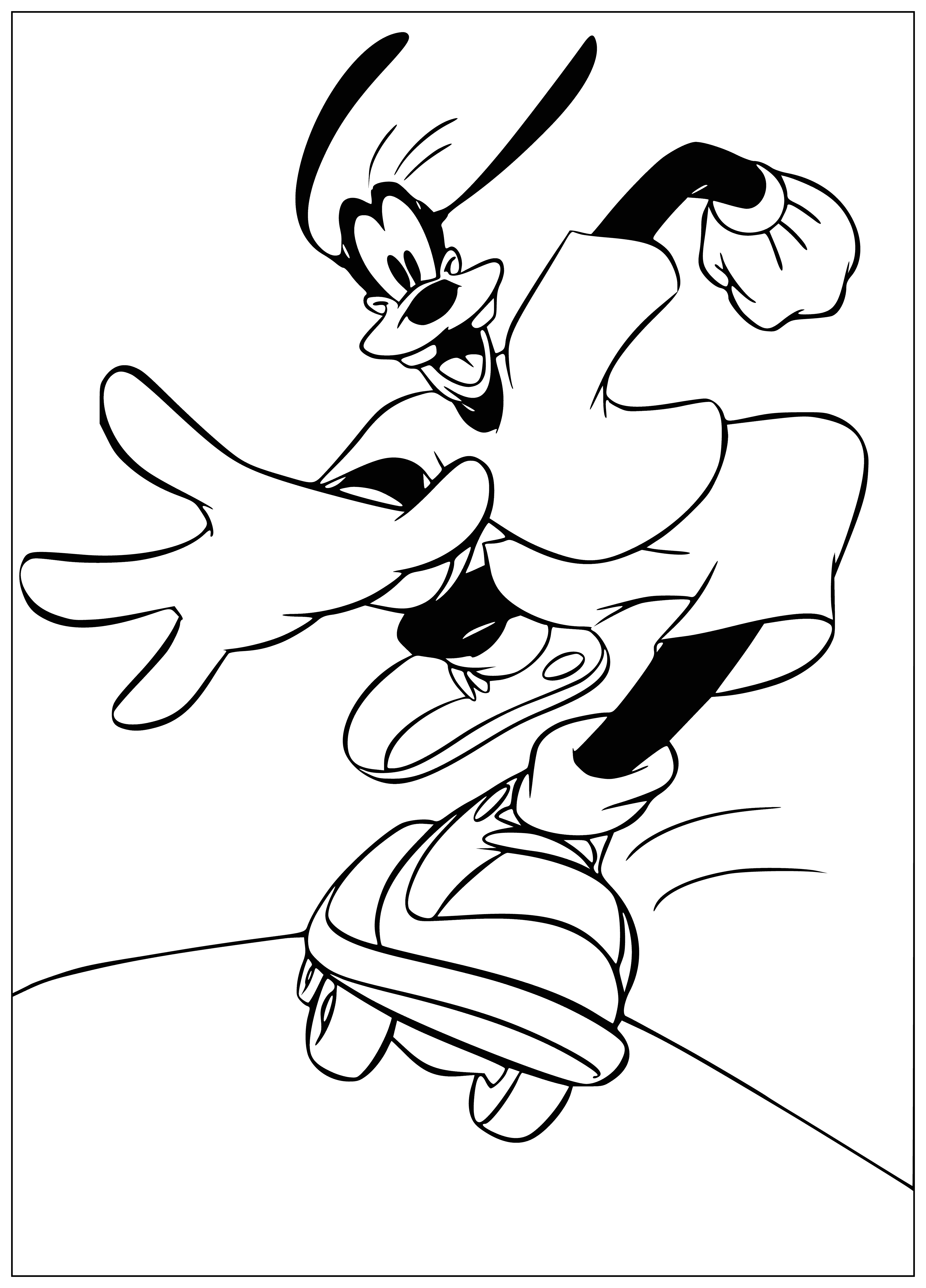 coloring page: Mickey & Goofy skate wearing helmets, pads, & gloves; Mickey backwards, Goofy forwards, both smiling.