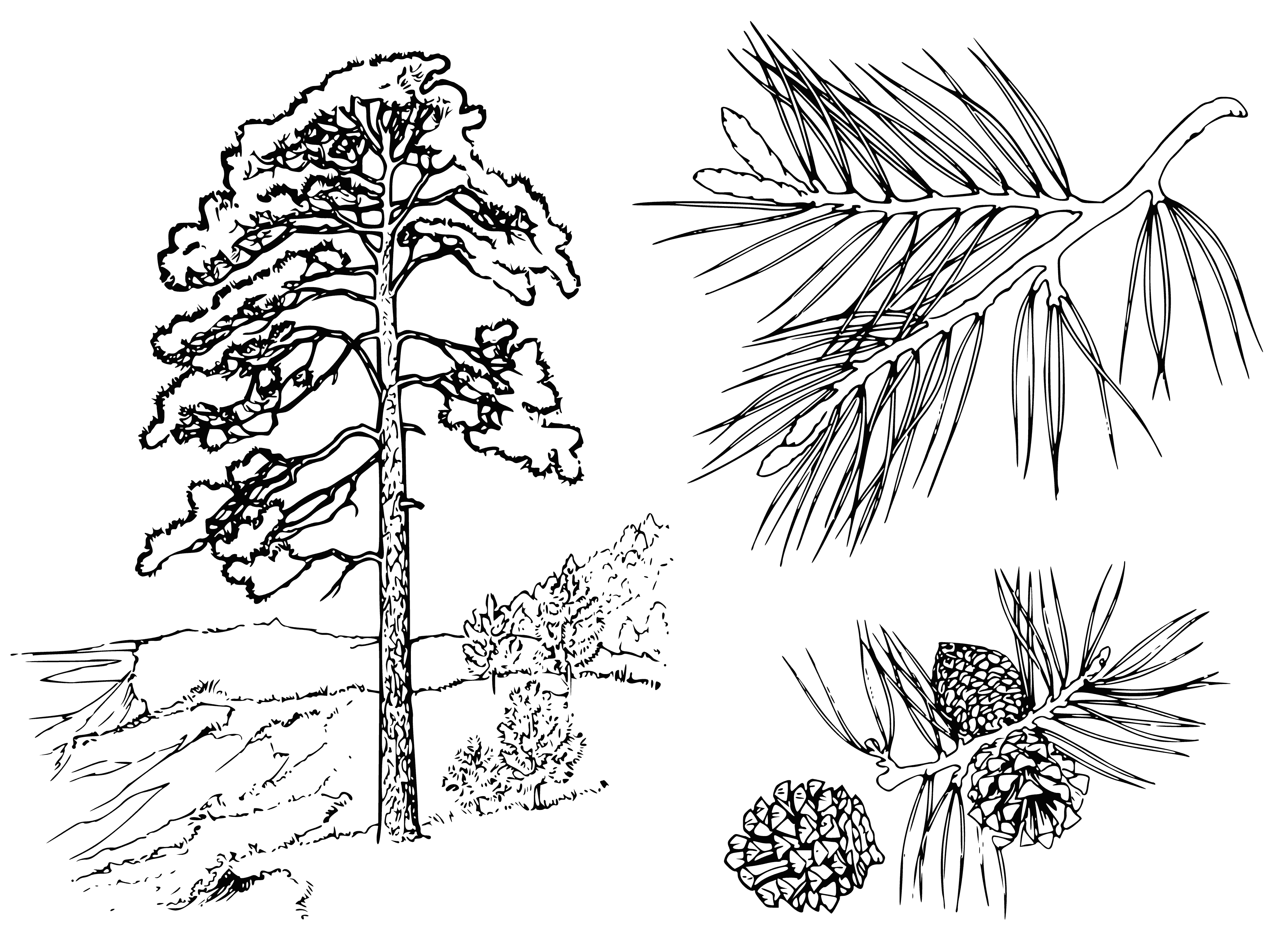 coloring page: Tall evergreen with pointy green needles & thick, scaly bark. Wide at bottom, snow on ground & surrounded by a field. #nature