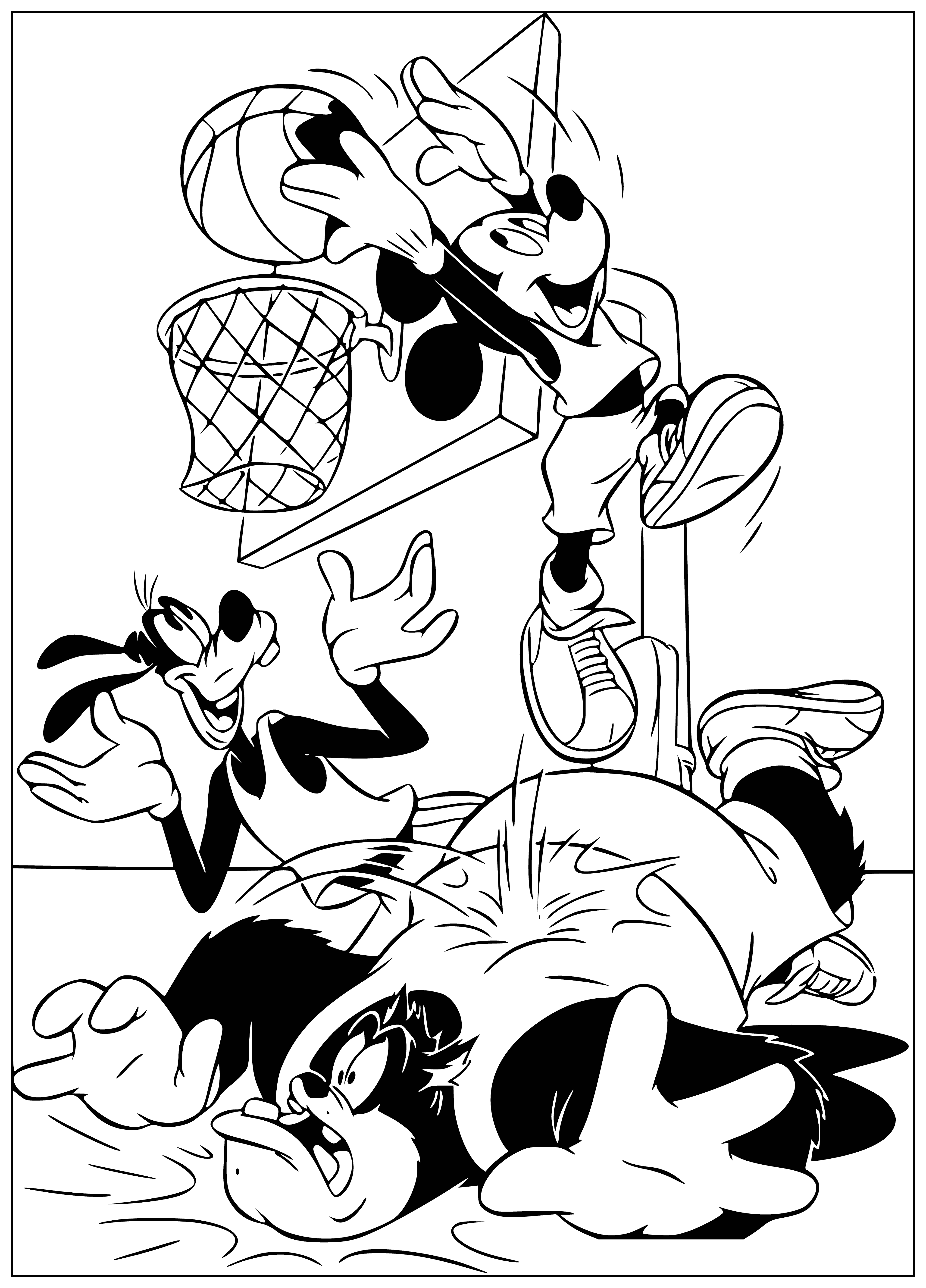 coloring page: Crowd of people looking up at a stage with Mickey Mouse, Donald Duck, Goofy, and Pluto. Colorful banners & streamers.