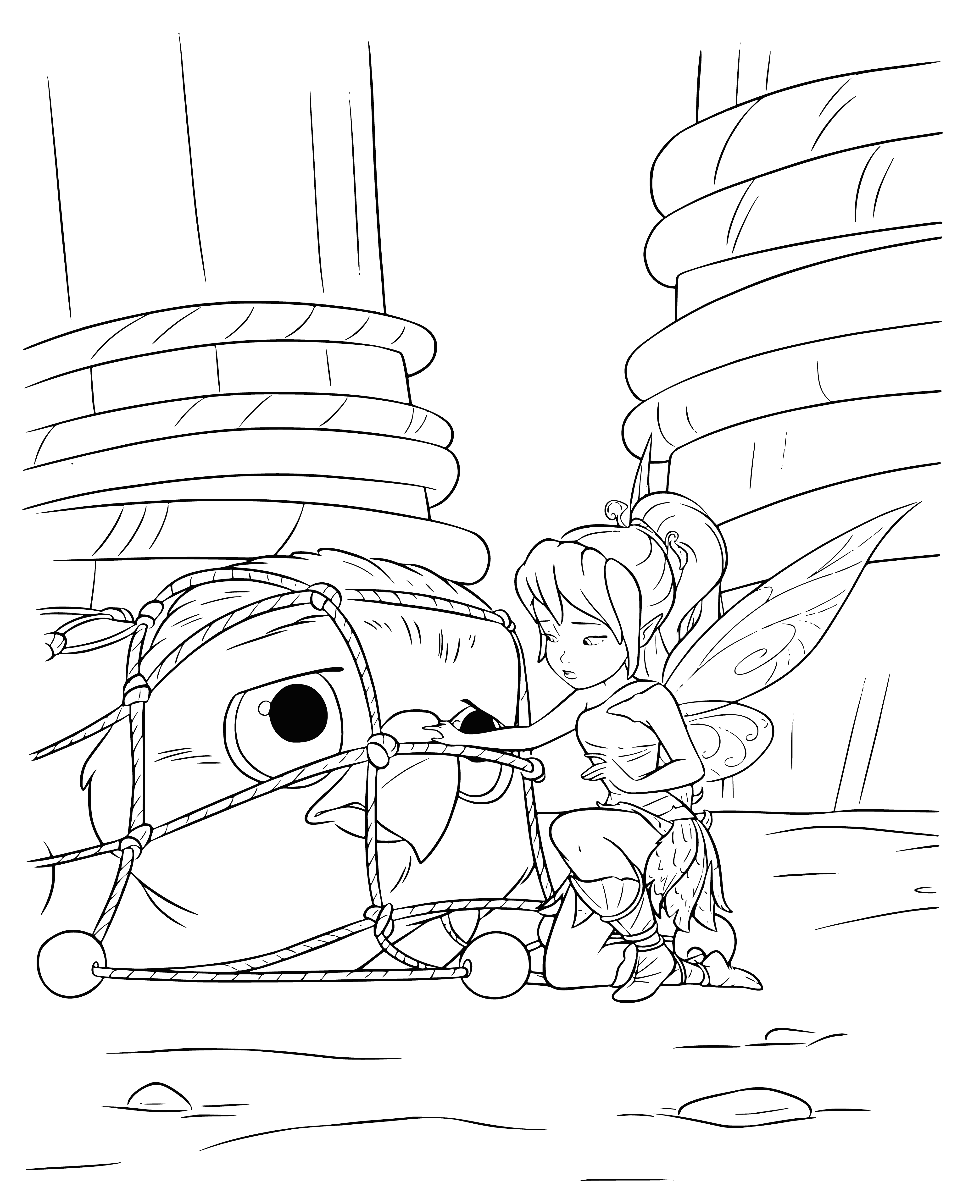 coloring page: Two small fairy scouts hold a large, concerned hawk chick in a grassy meadow with flowers.