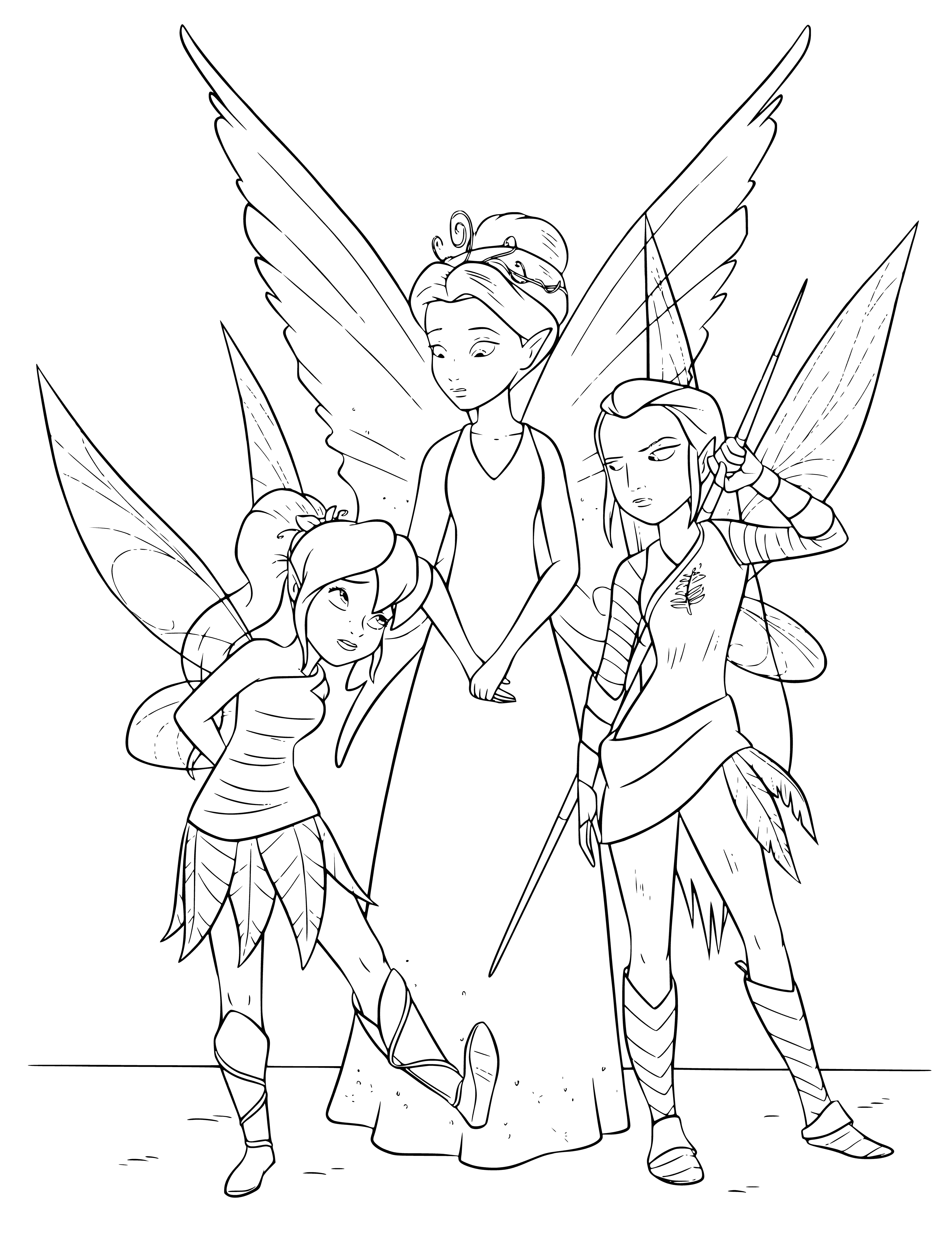 coloring page: Mysterious purple creature surrounded by smaller winged creatures with horns/antlers, all staring at it. #fantasycreatures