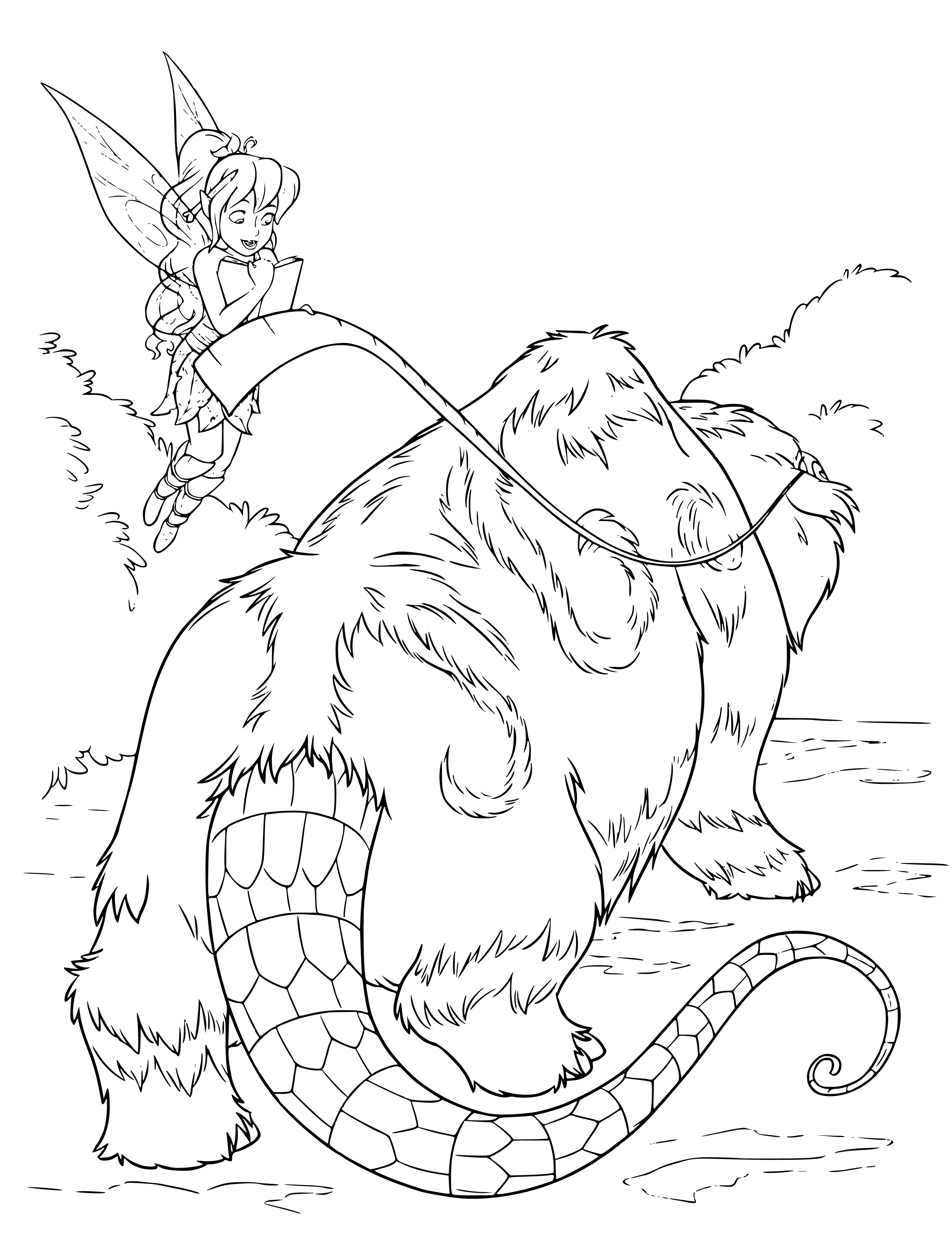 coloring page: Fauna worries as the Beast roars, eyes fiery. Its long claws and big teeth make it dangerous.