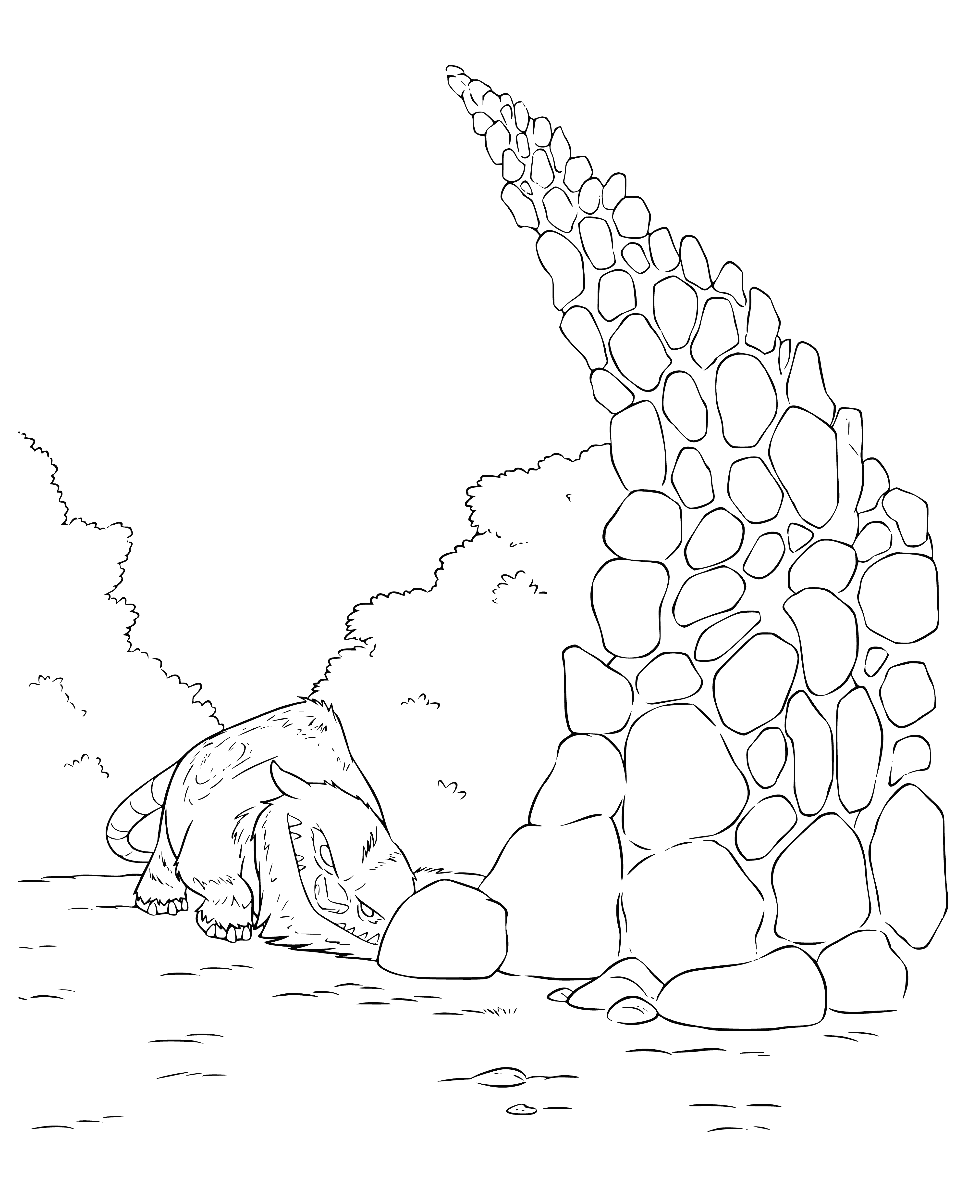 coloring page: Gigantic stone monster rampages through destroyed city, sniffing air & listening for something unknown.