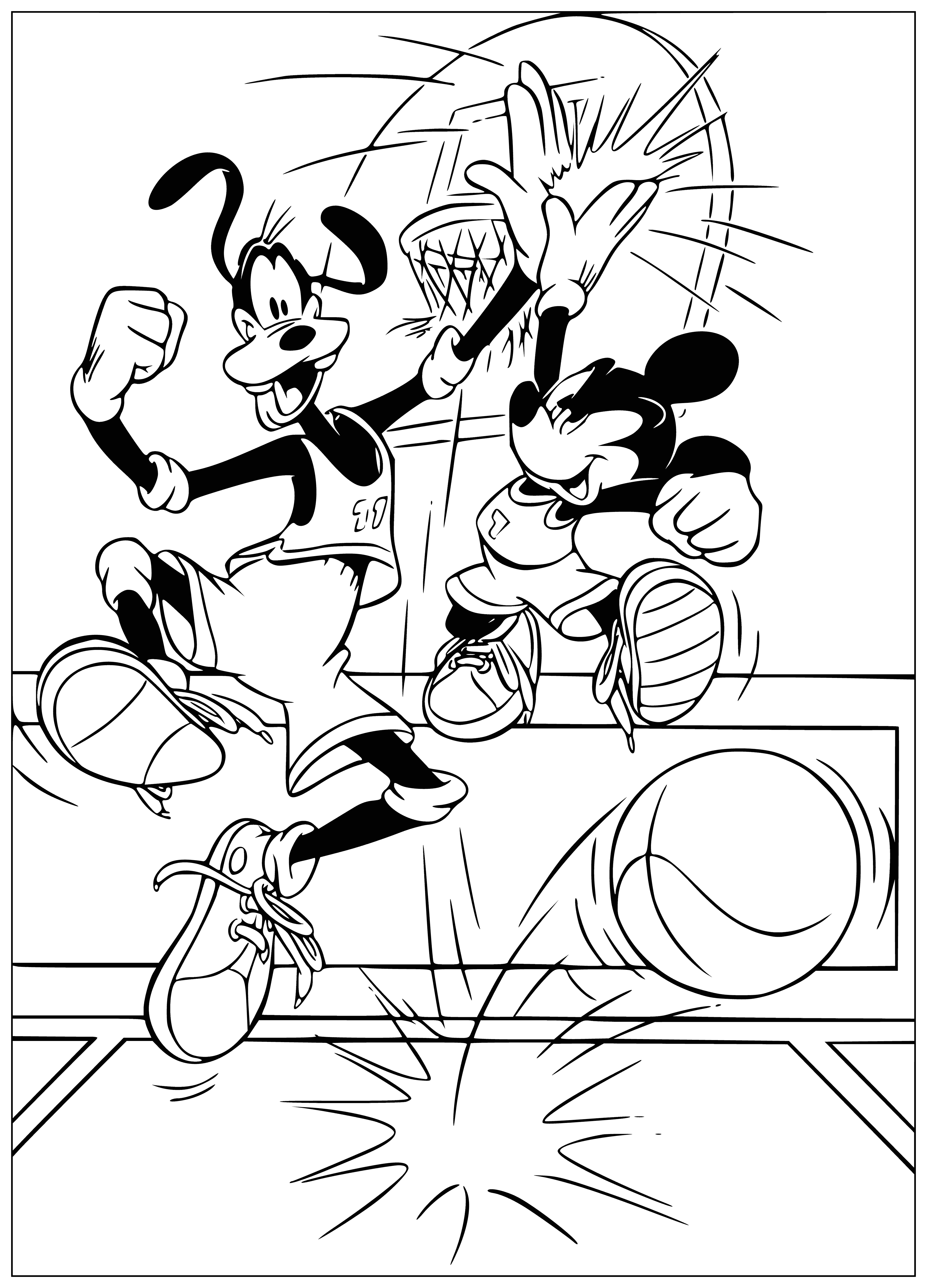 coloring page: Mickey and Goofy stand side by side, wearing shoes & socks, looking happy with a solid color background.