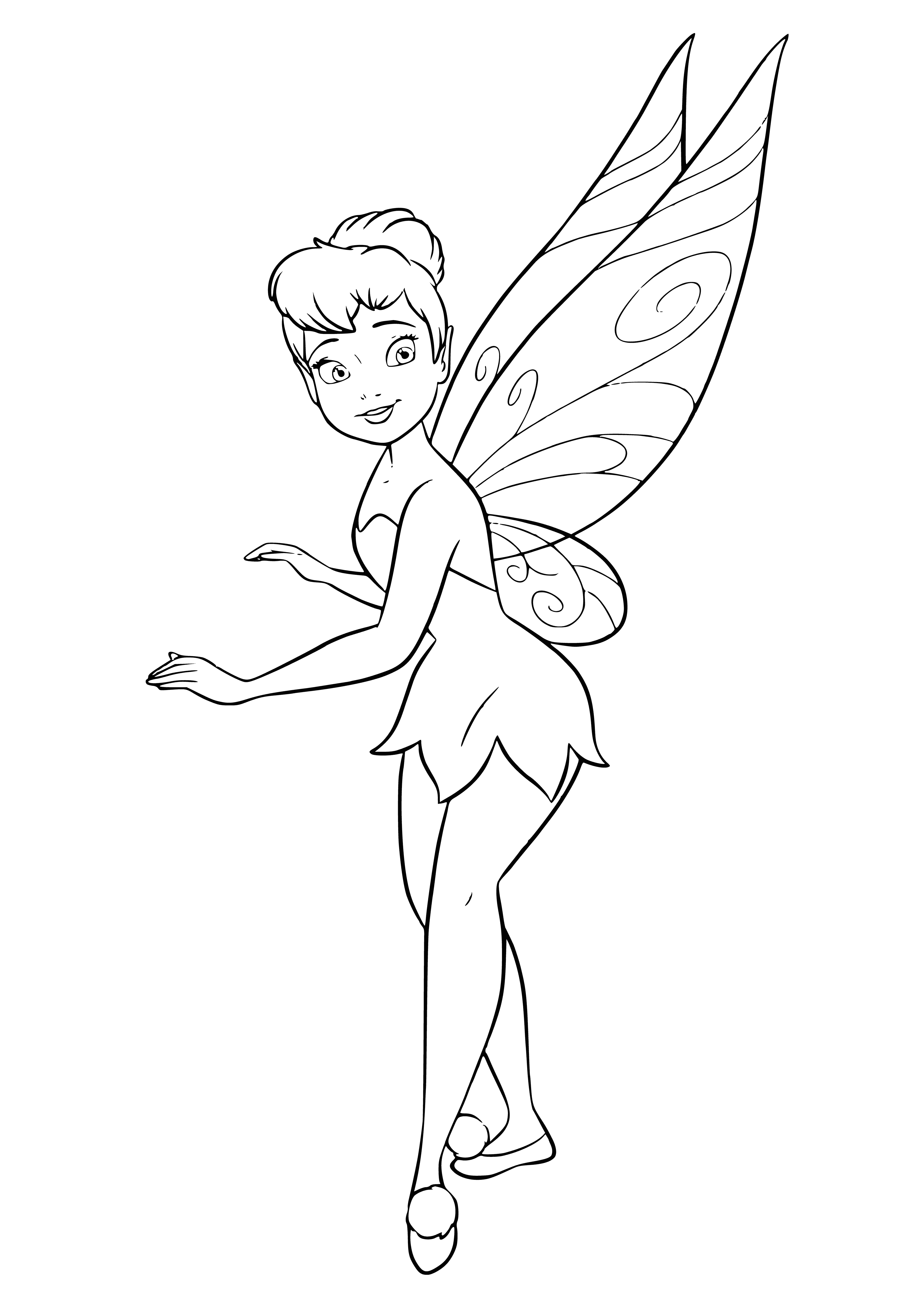 coloring page: Fairy repairs a colorful Ding Ding w/string & needle, flying w/wide blue wings. Hole in Ding Ding's side.