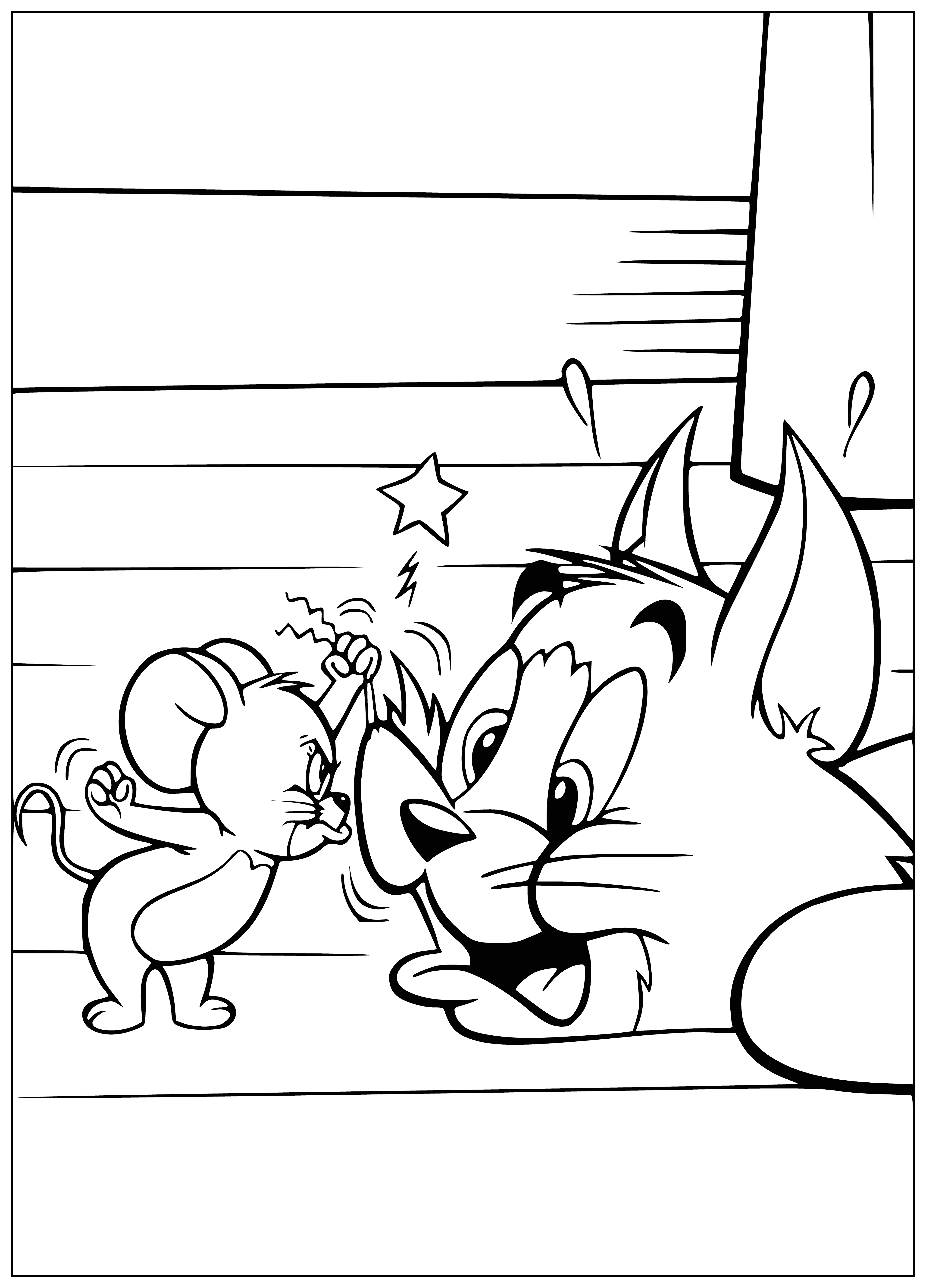 coloring page: Tom and Jerry, a cat and mouse pair of cartoon characters, are running in this coloring page with Tom chasing Jerry.