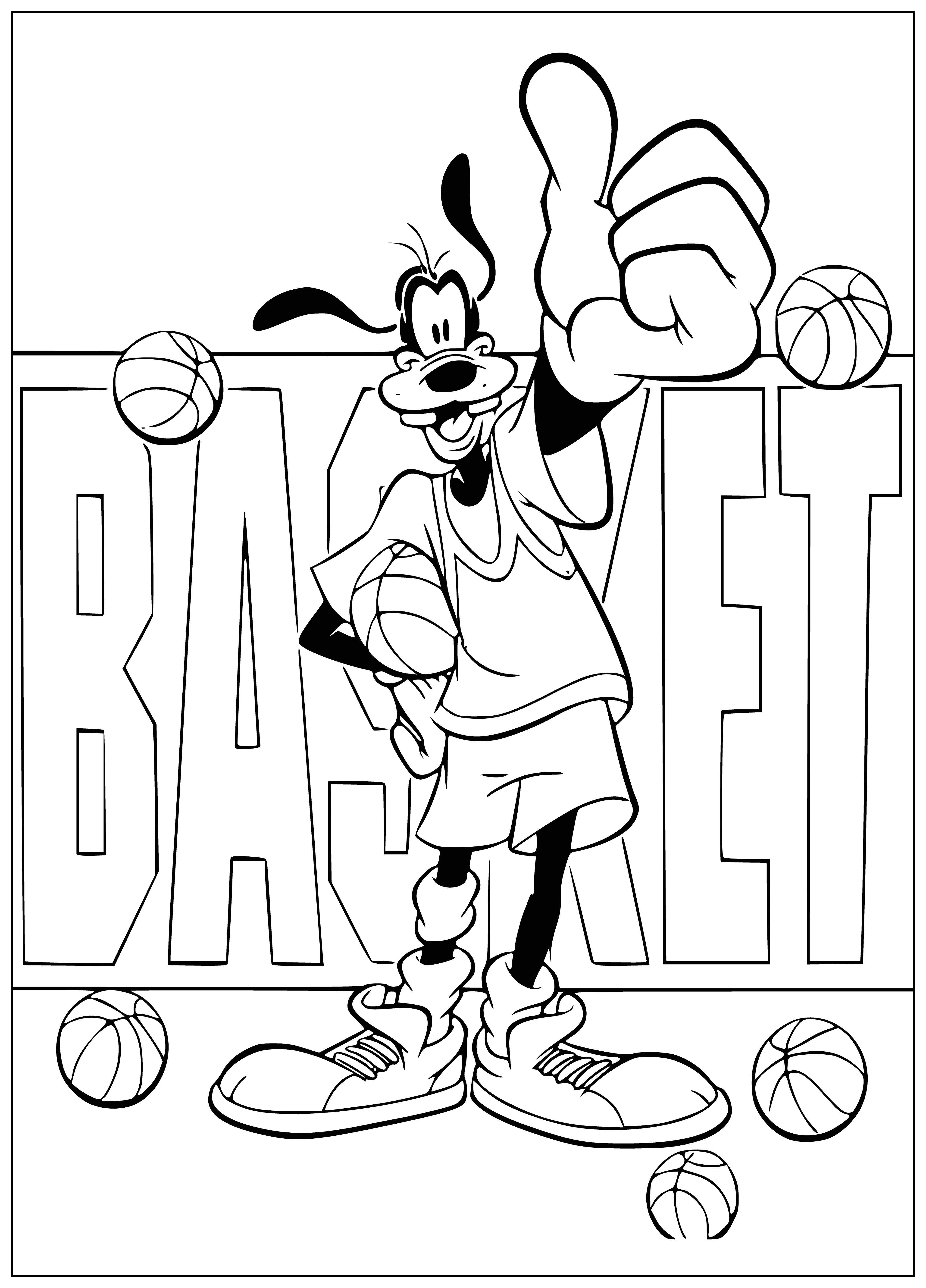 coloring page: Two mice & duck play basketball on court wearing red/blue. All with arms outstretched & mice holding basketball - looks like loads of fun!