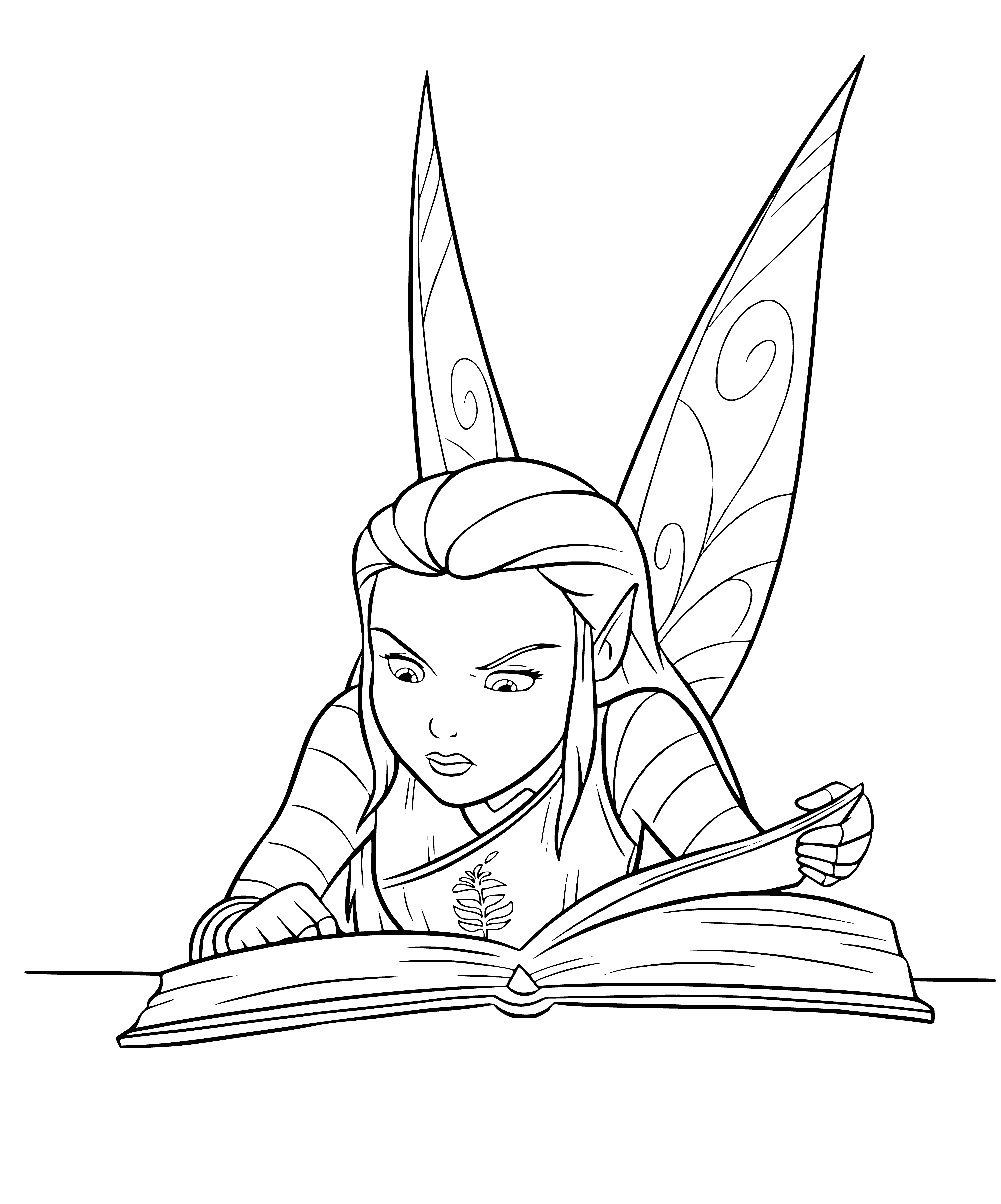 coloring page: Nyx is a powerful fairy hunter who uses her bow and tracking skills to protect magical creatures from any danger.