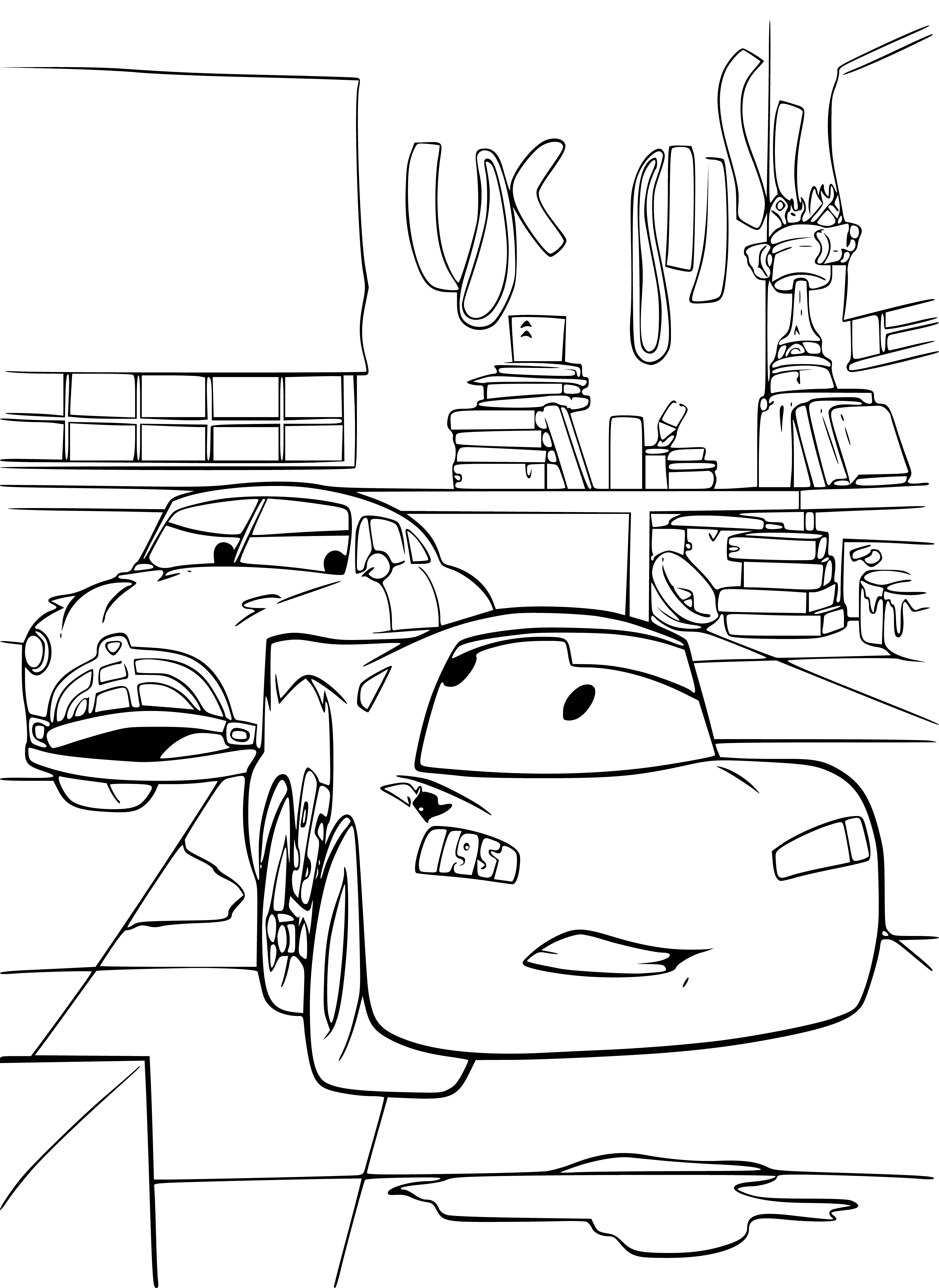 coloring page: Doc Hudson is a white car w/ blue stripes & blue racing stripe, roof & hubcaps. Lightning McQueen is a red car w/ yellow stripes, lightning bolt, headlights & roof.