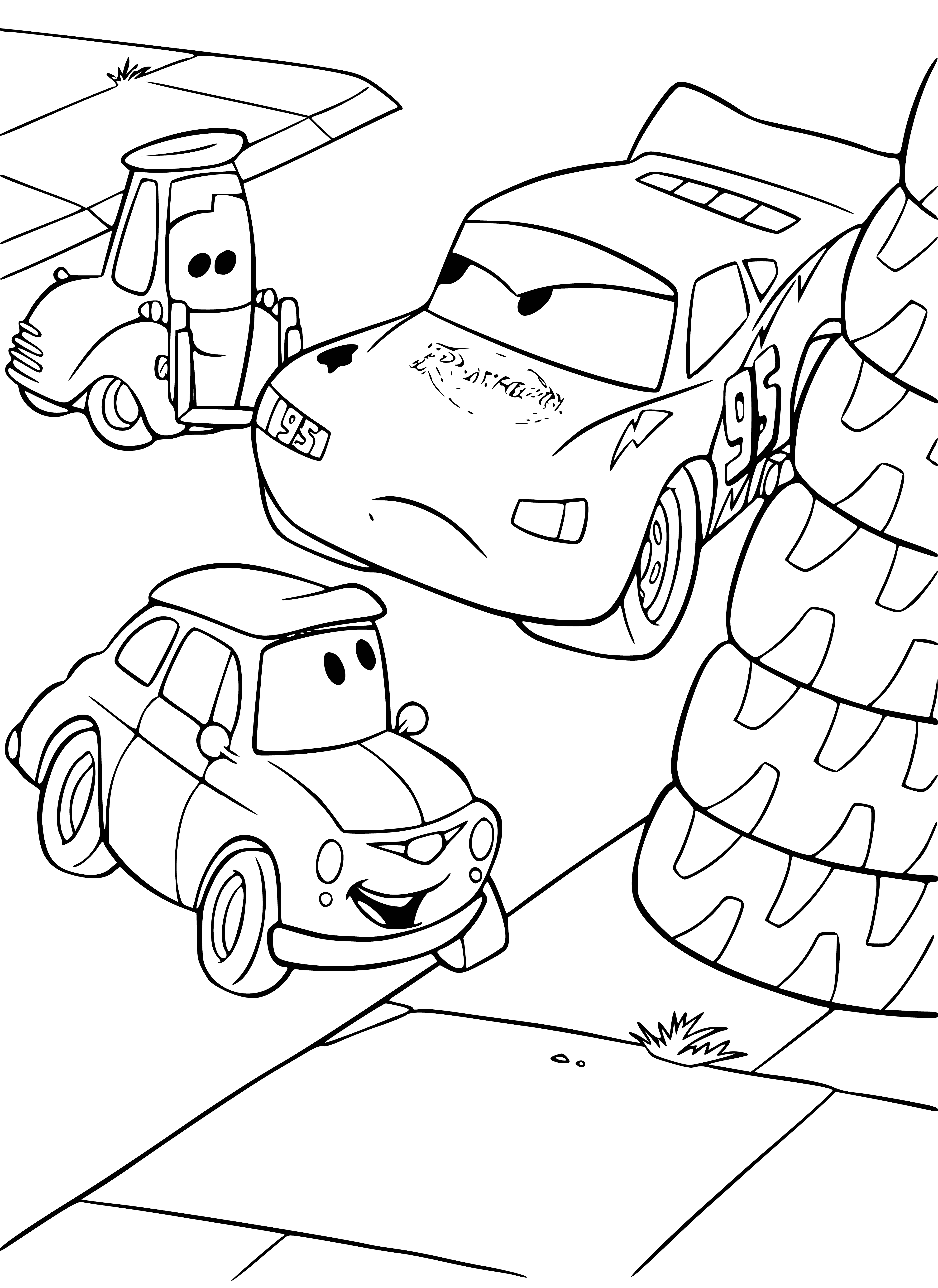 coloring page: Car has 4 wheels, 4 doors, grill & headlights (front) & tail lights & exhaust pipes (back). #summarize