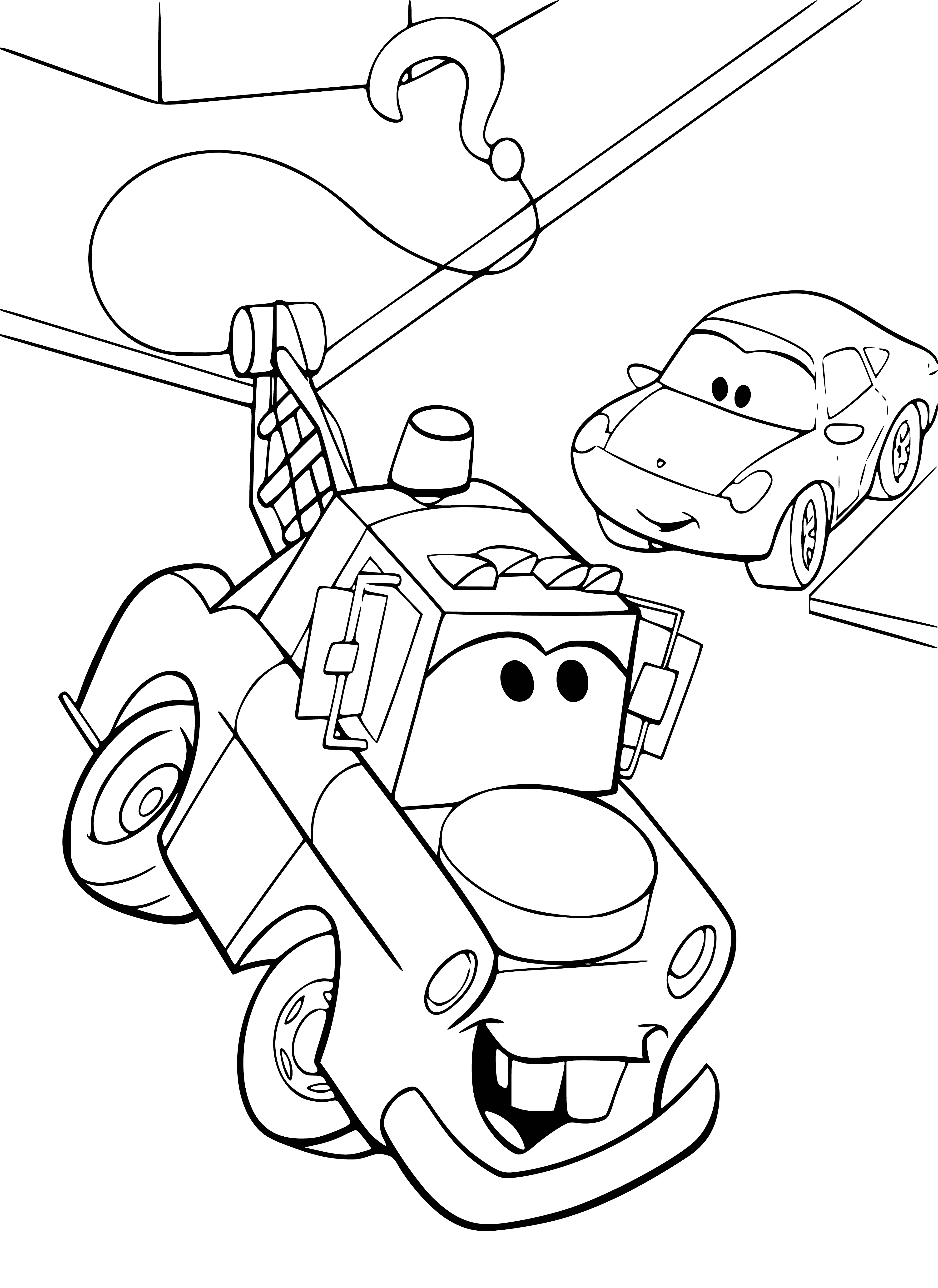 coloring page: Large red car with yellow stripes & 8 smaller cars around it. Word "Cars" & "Friends of Lightning McQueen" written underneath. #coloringpages