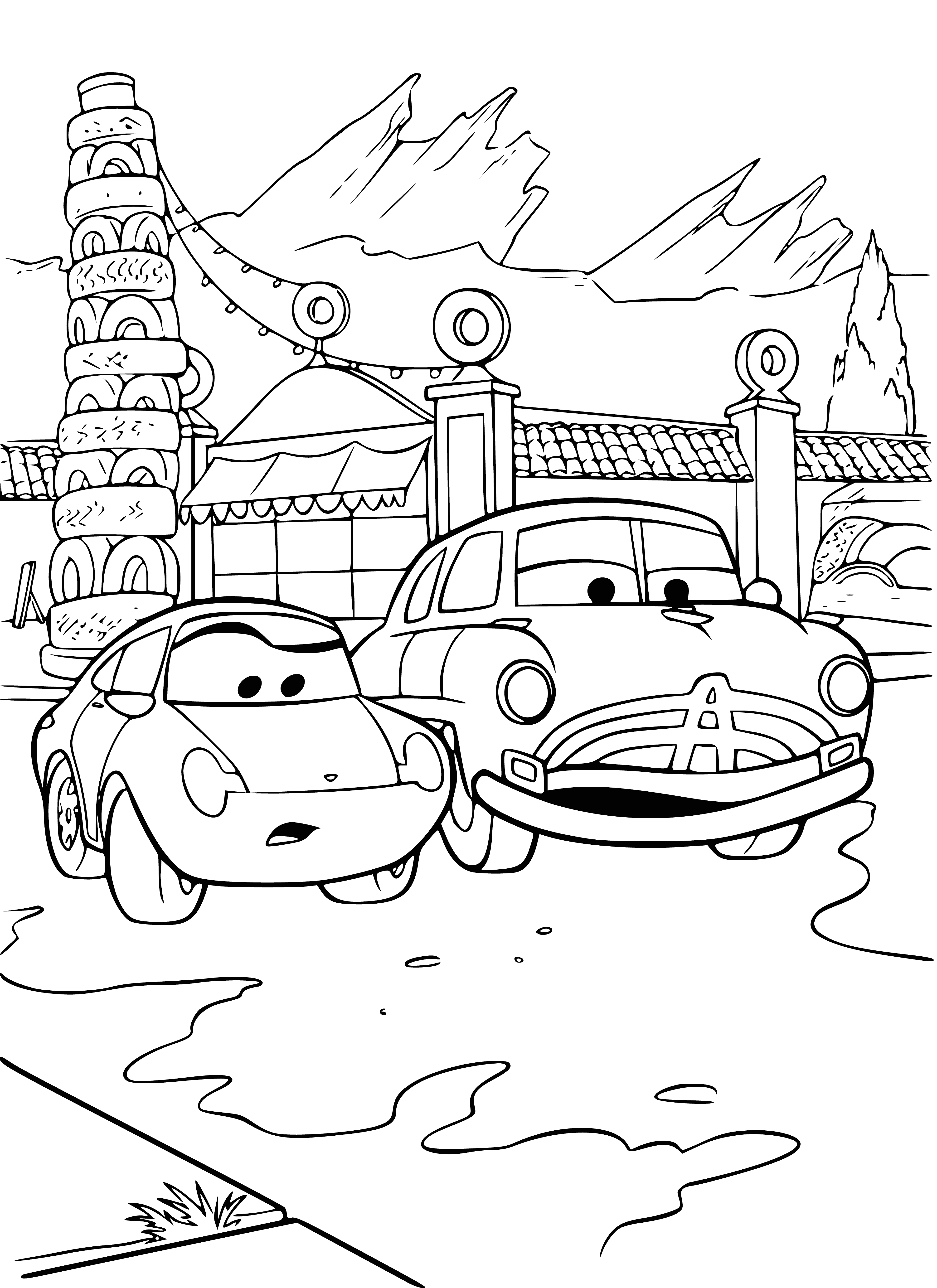 coloring page: Two cars, yellow & green stripes; blue with white stripes. #ColoringPage